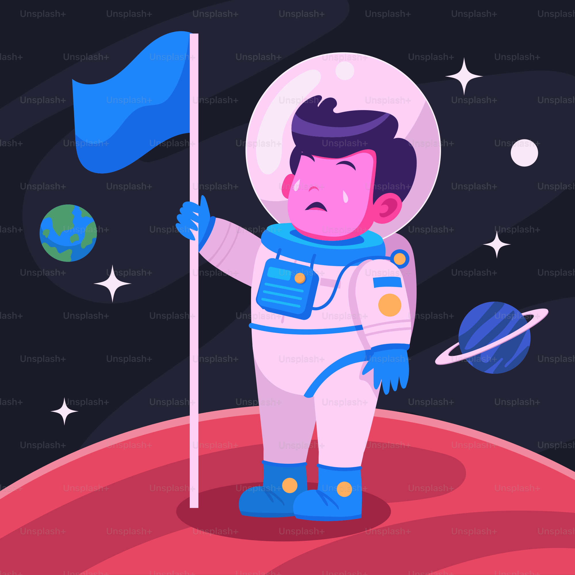 Um homem em um traje espacial segurando uma bandeira