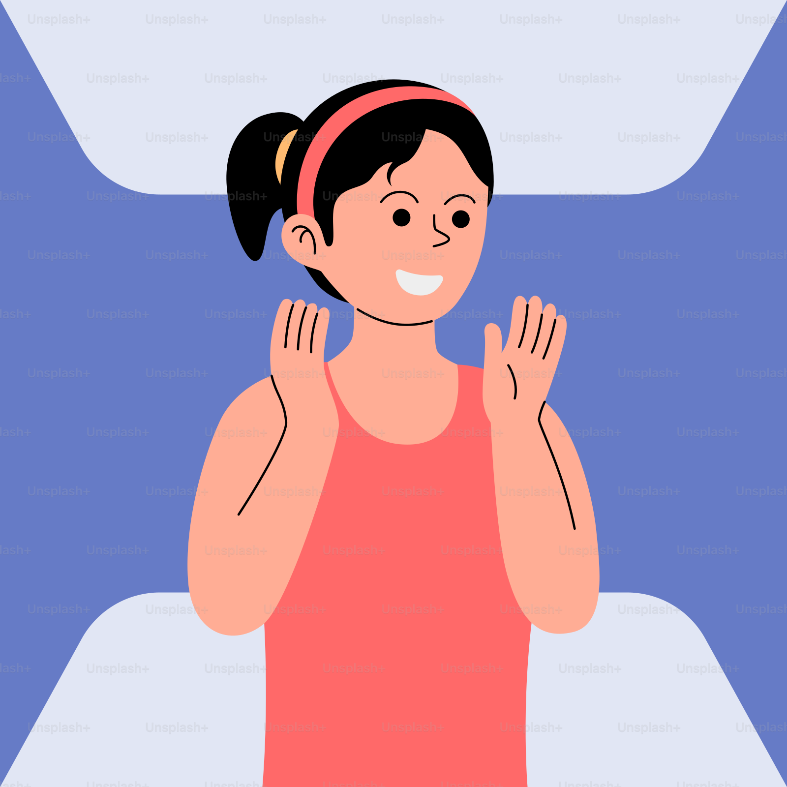 A woman standing in front of a blue and white background