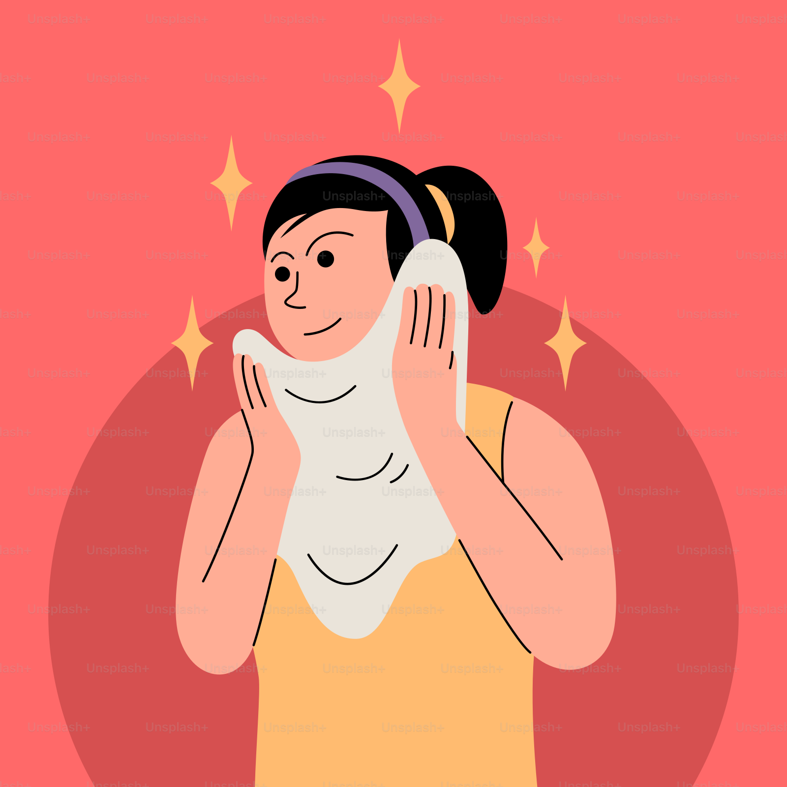布で顔を拭く女性