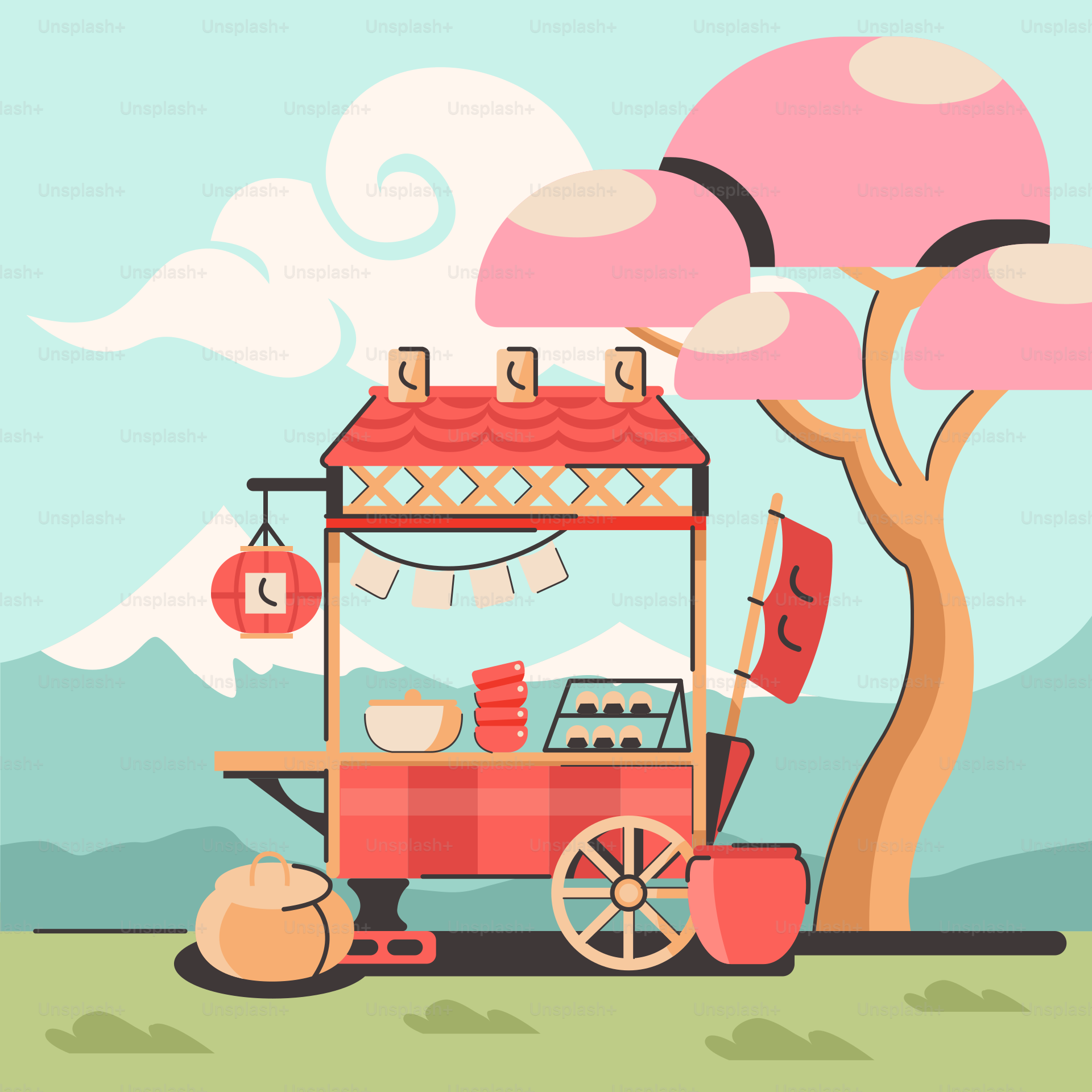A food cart sitting under a tree next to a mountain