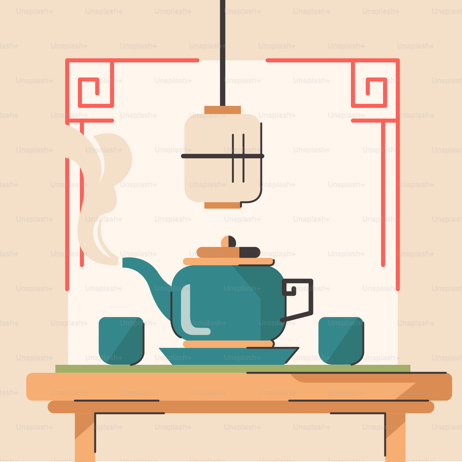 A table with a teapot and cups on it