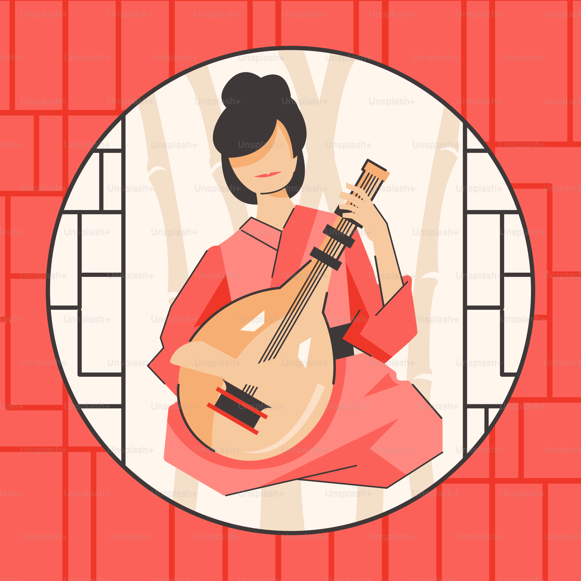 A woman in a red dress holding a guitar