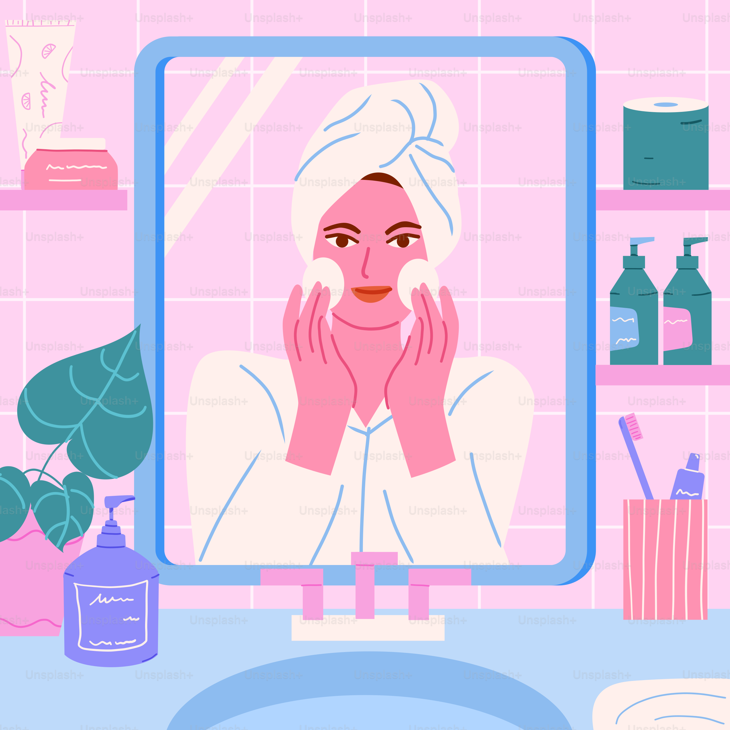 A woman is looking at her face in the mirror