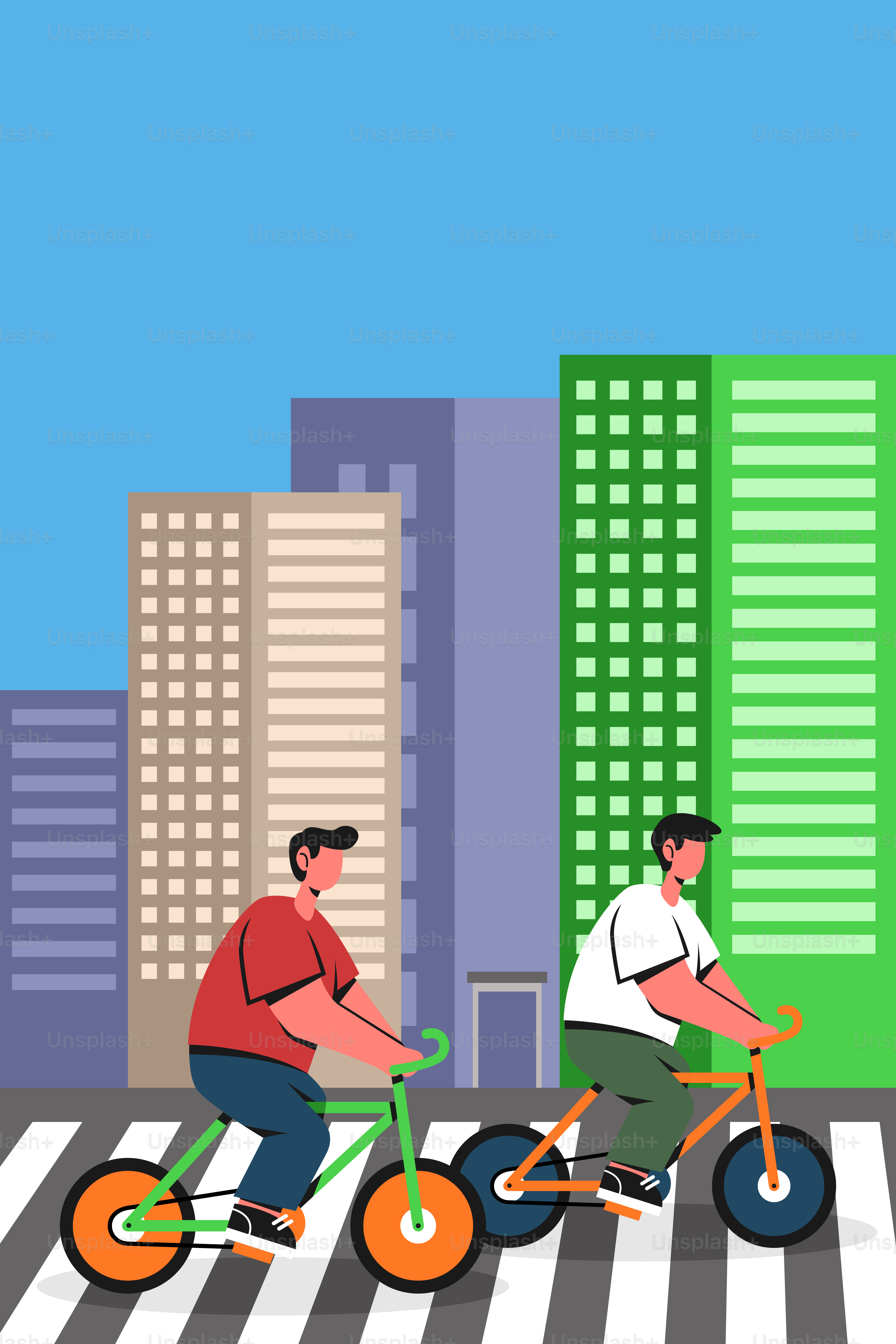 A couple of men riding bikes across a cross walk