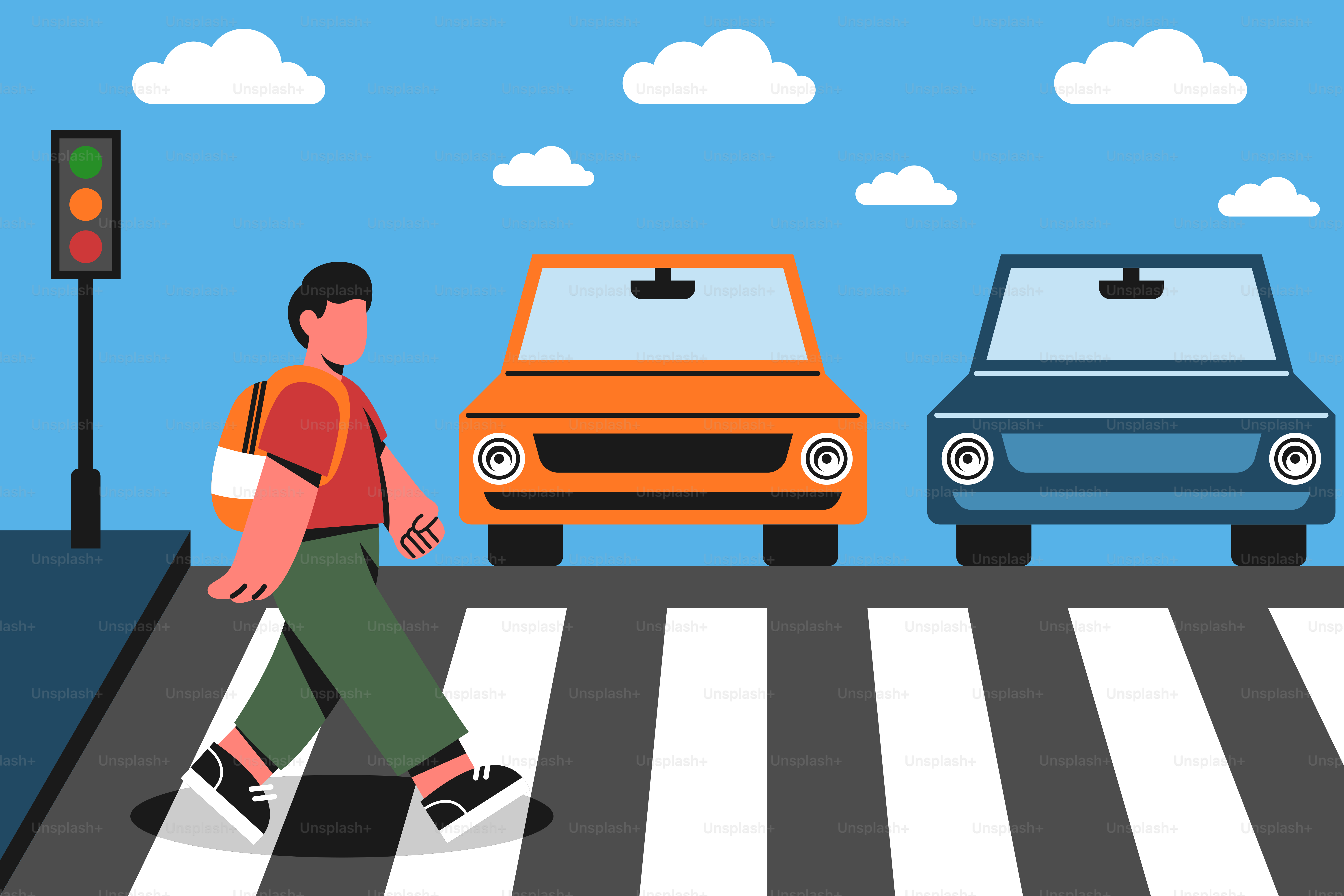 A man walking across a crosswalk in front of cars