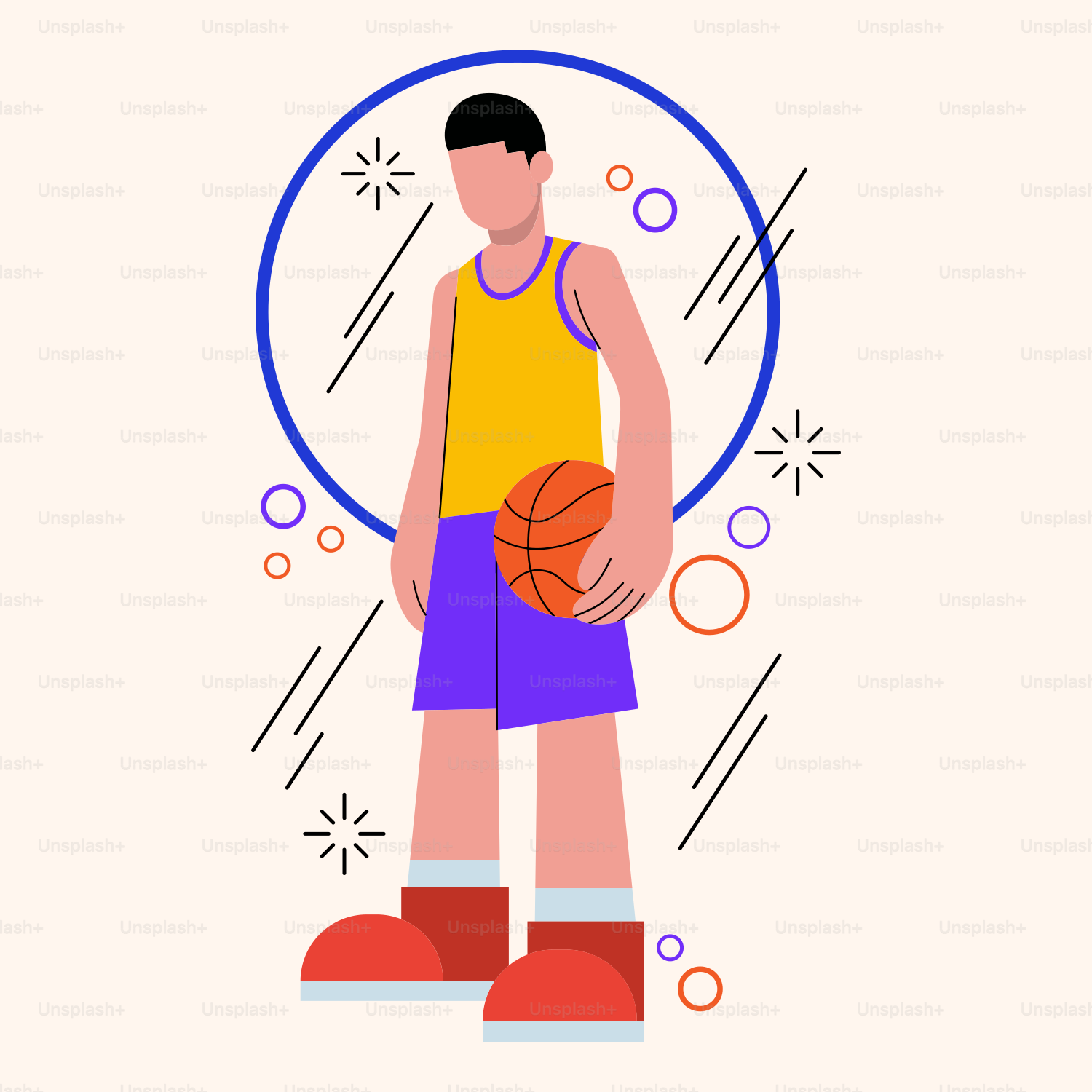 円の前に立つバスケットボールを持つ男性