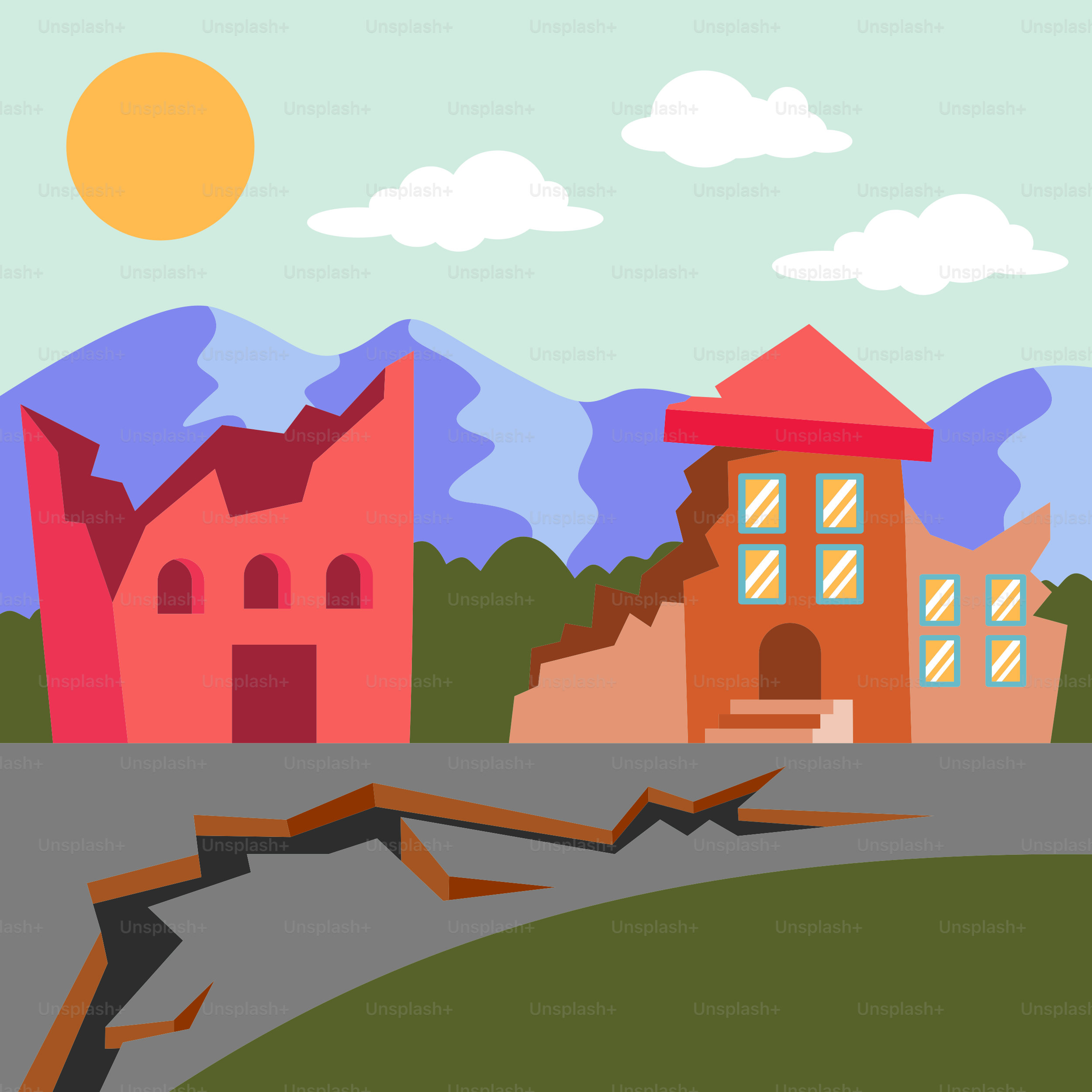 家と山々が背景に描かれた道路の図