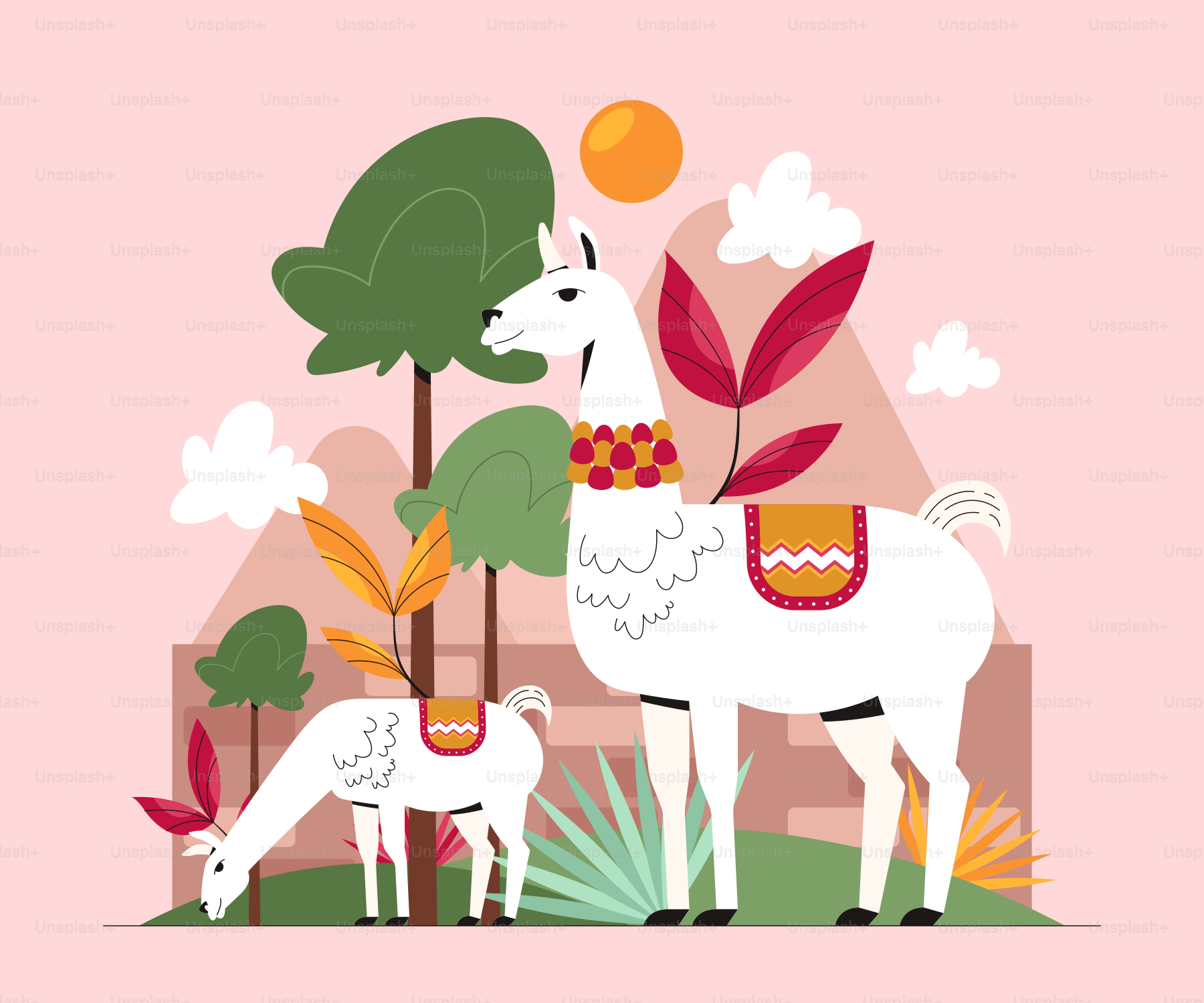 Una ilustración de una llama y una llama bebé