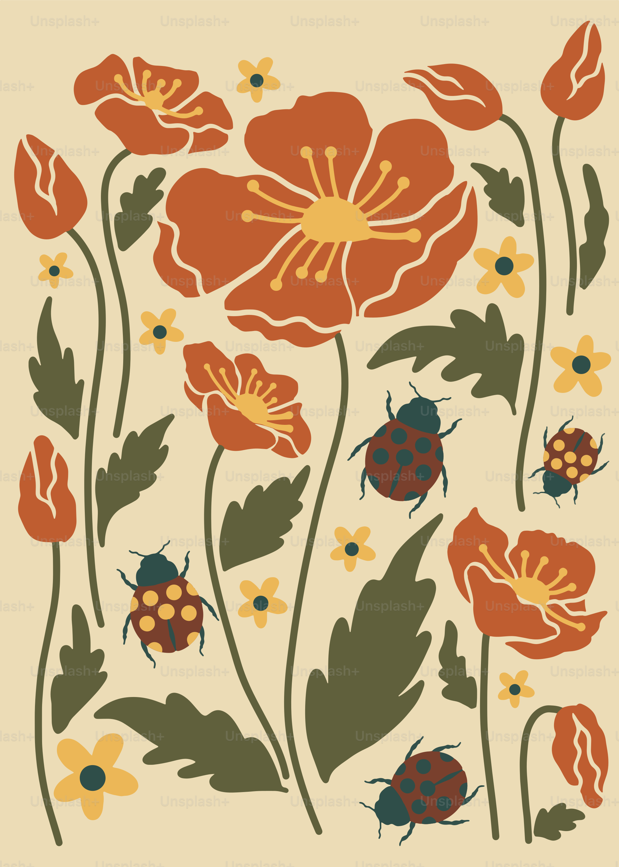 Une photo d’un bouquet de fleurs avec des coccinelles