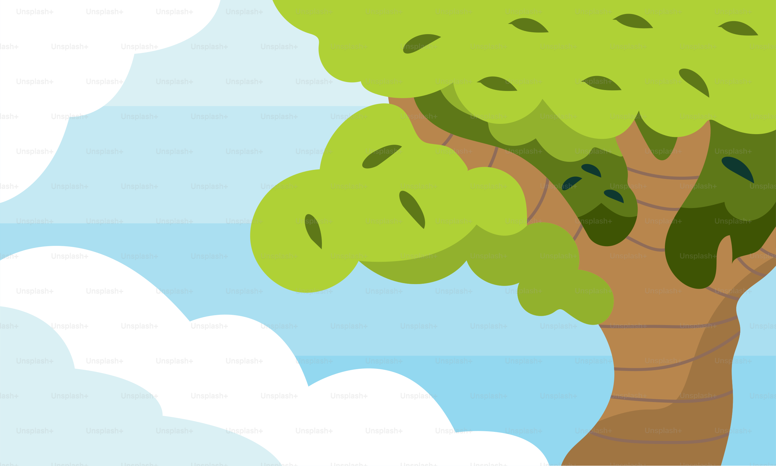 A cartoon of a tree with a bird perched on top of it
