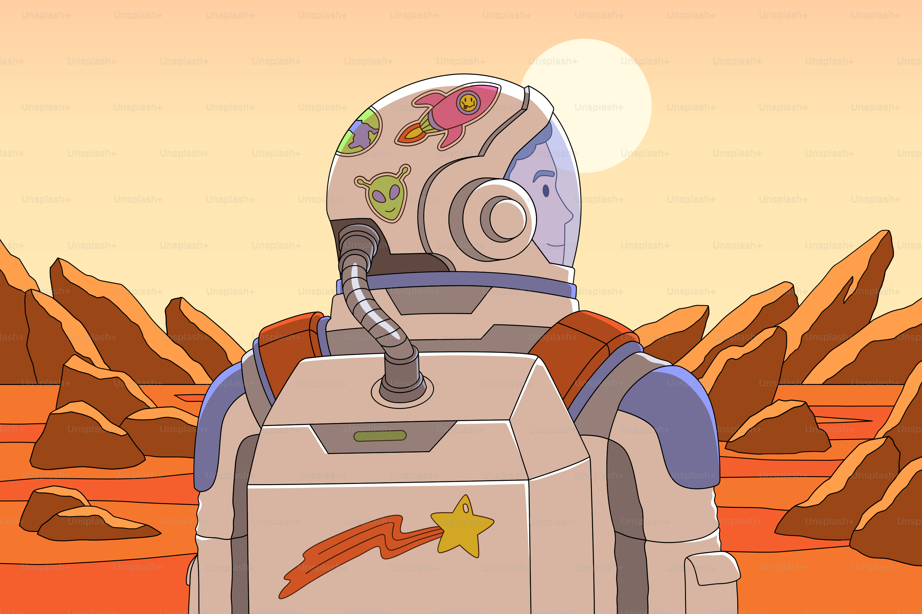 Un personaje de dibujos animados en un traje espacial con montañas en el fondo