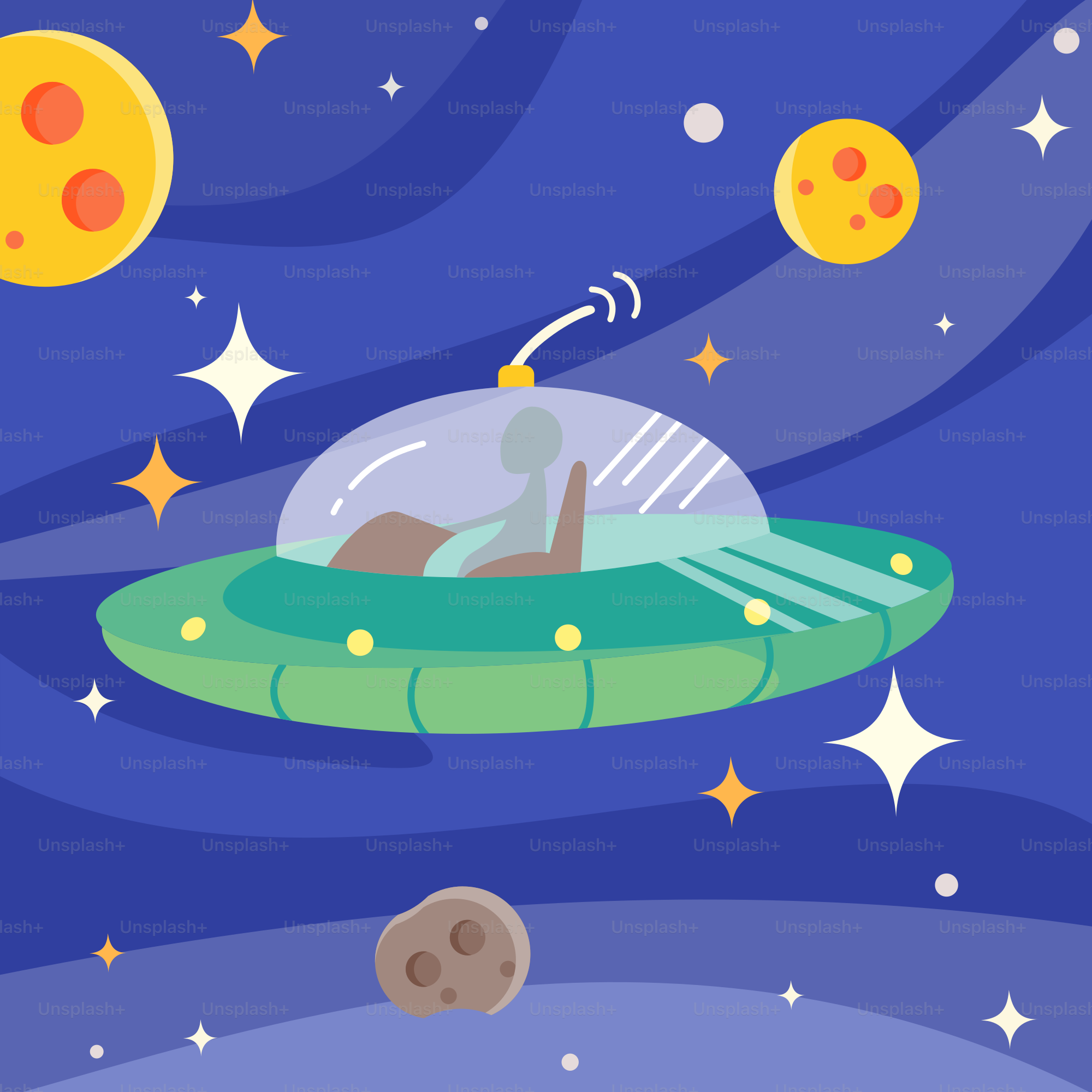 A cartoon of a man in a spaceship floating in space