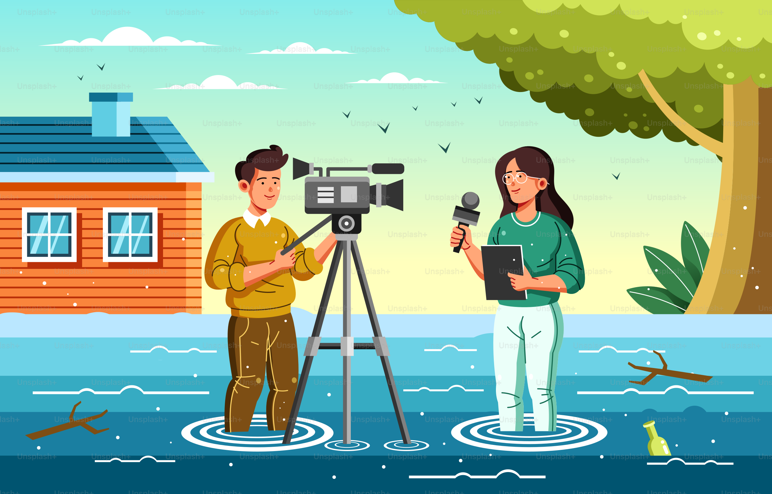 A man and a woman standing in the water with a camera