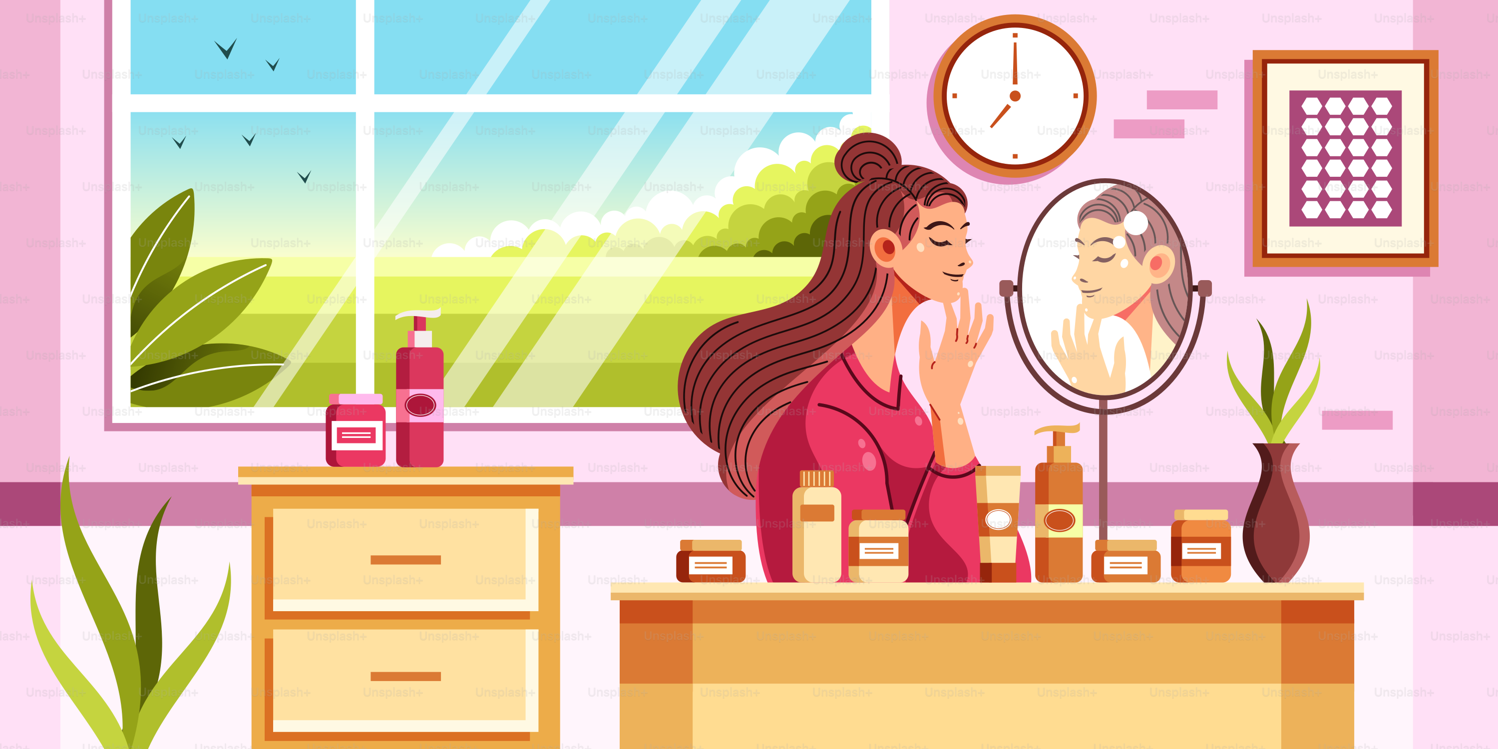 A woman sitting at a desk in front of a mirror