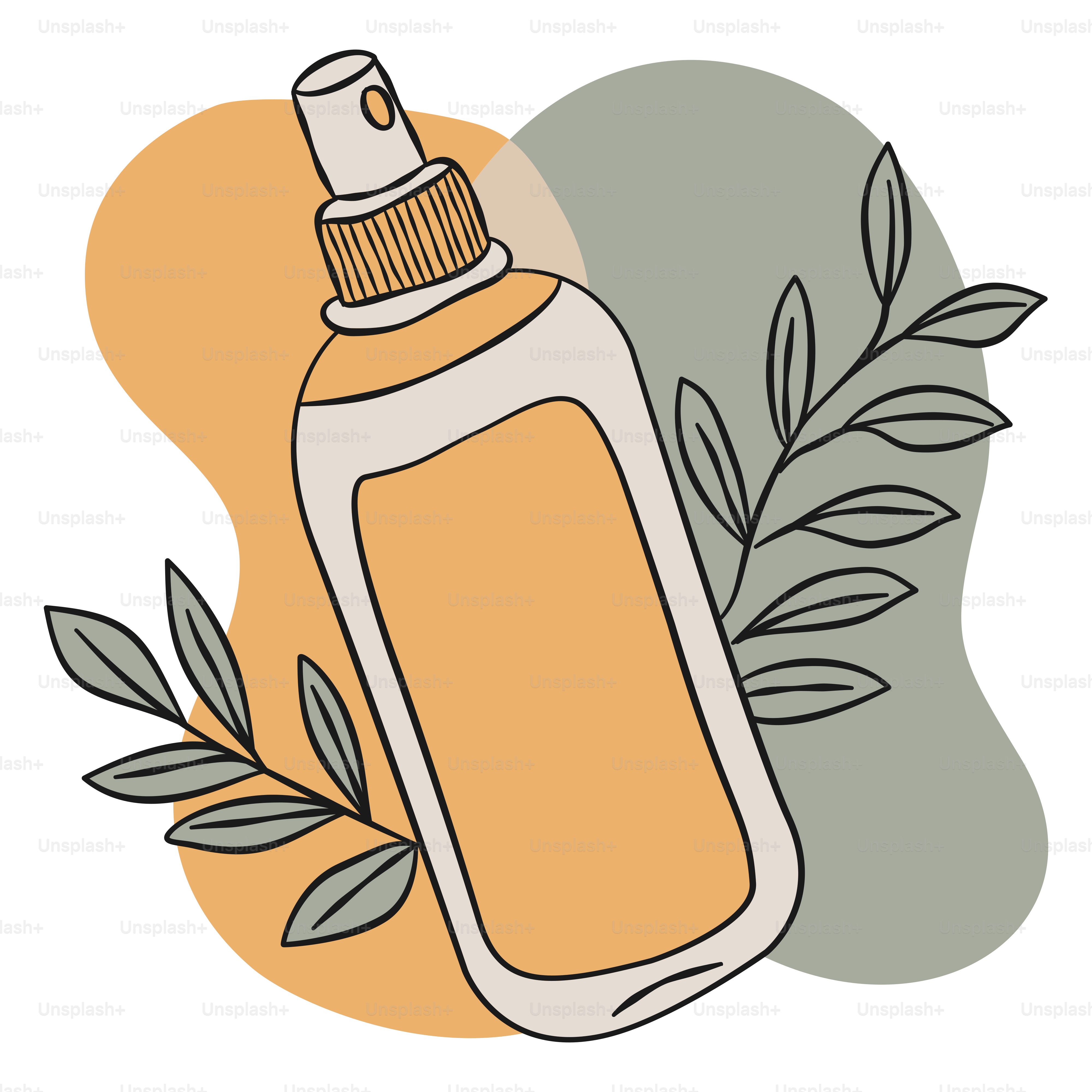 A bottle of lotion with a sprig of leaves around it