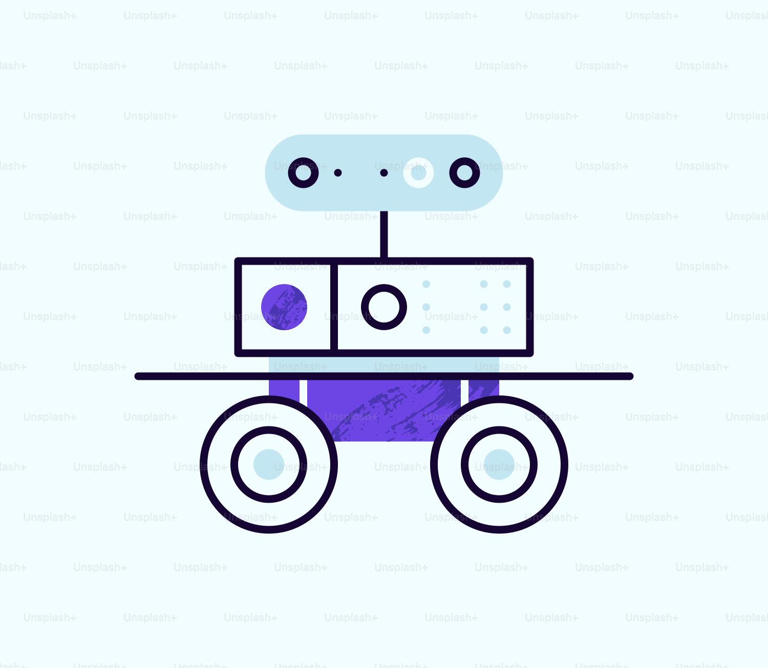 A blue and purple robot sitting on top of a table