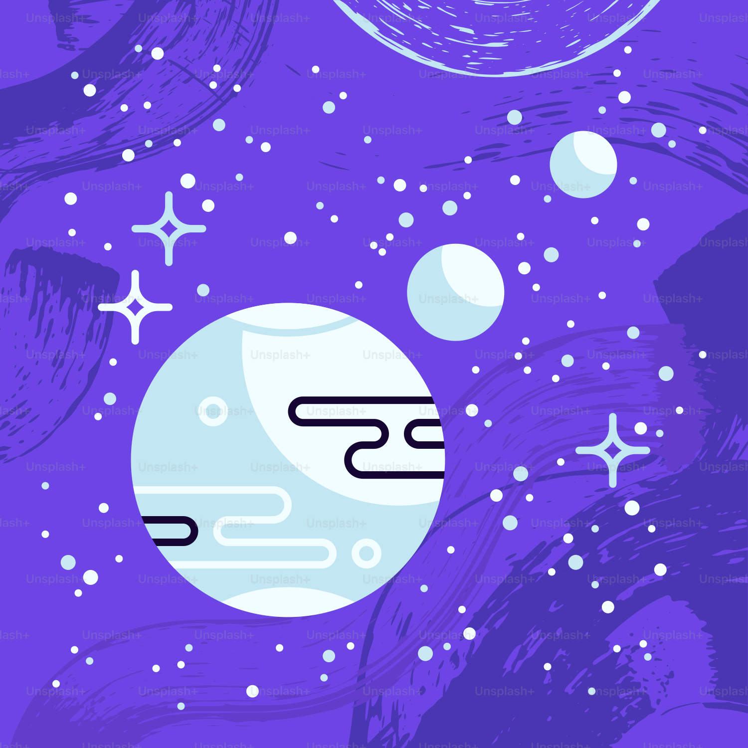 Um fundo roxo com estrelas e planetas