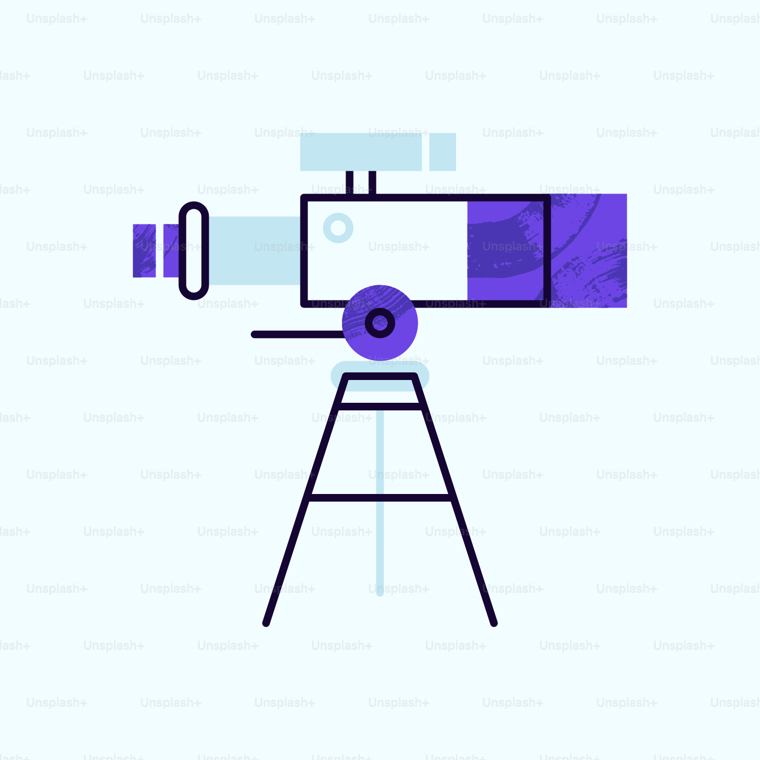 A purple and white image of a telescope on a tripod