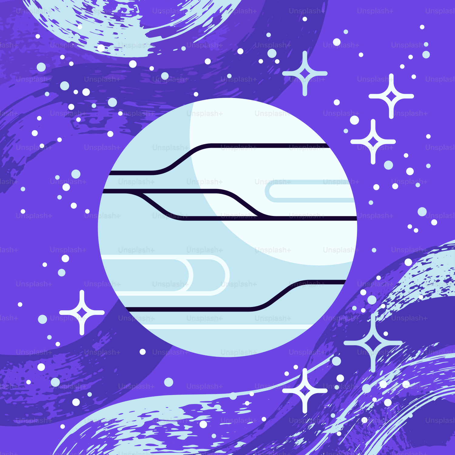A purple background with stars and a white circle