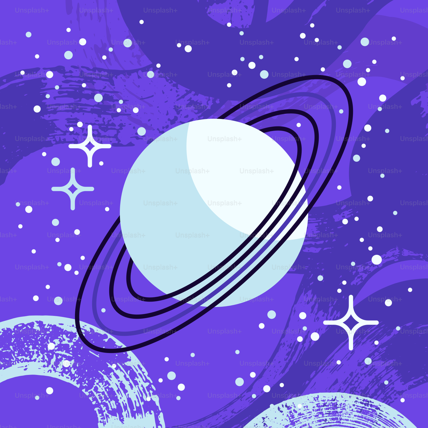Uno sfondo viola con un'immagine di Saturno e stelle