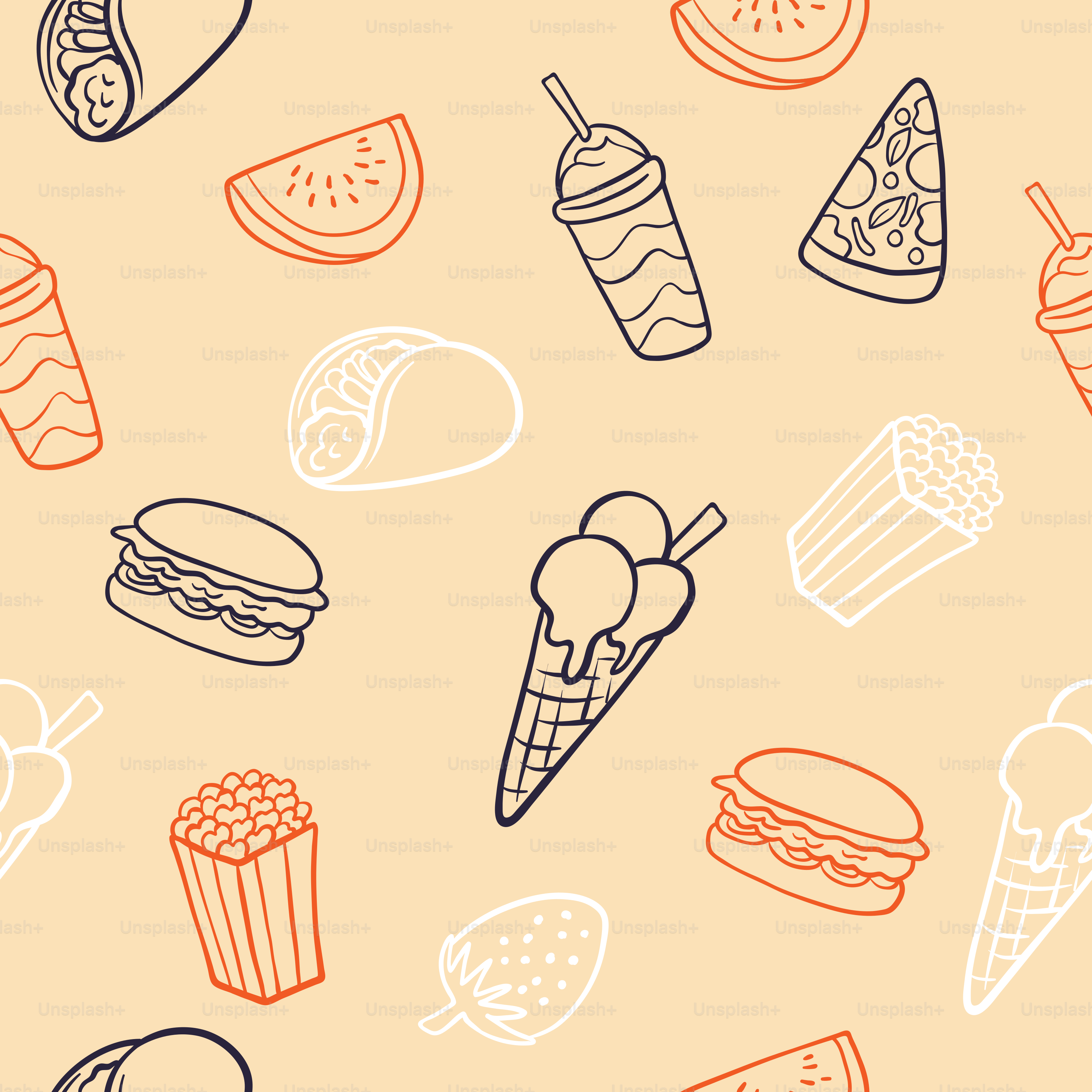 Un patrón de diferentes tipos de comida sobre un fondo de melocotón