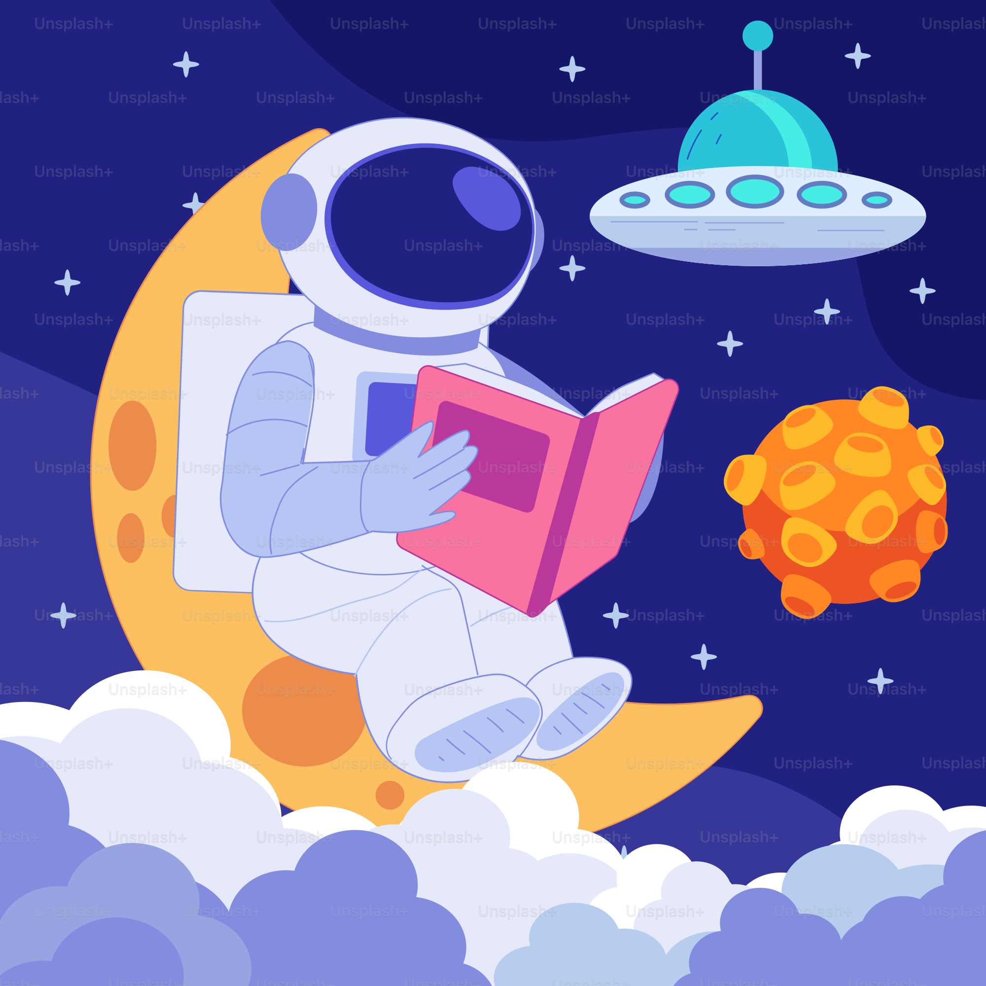 An astronaut is reading a book on the moon