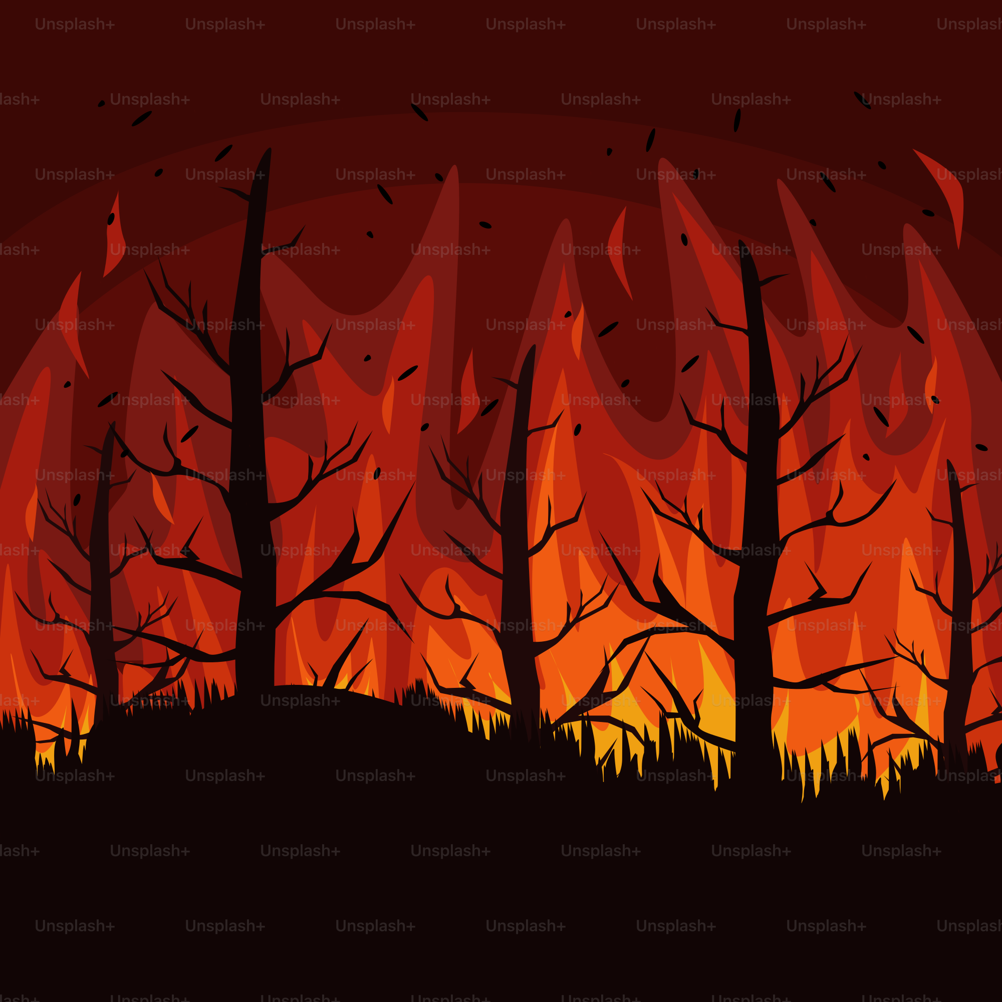 Un fuego ardiendo a lo lejos con árboles en primer plano