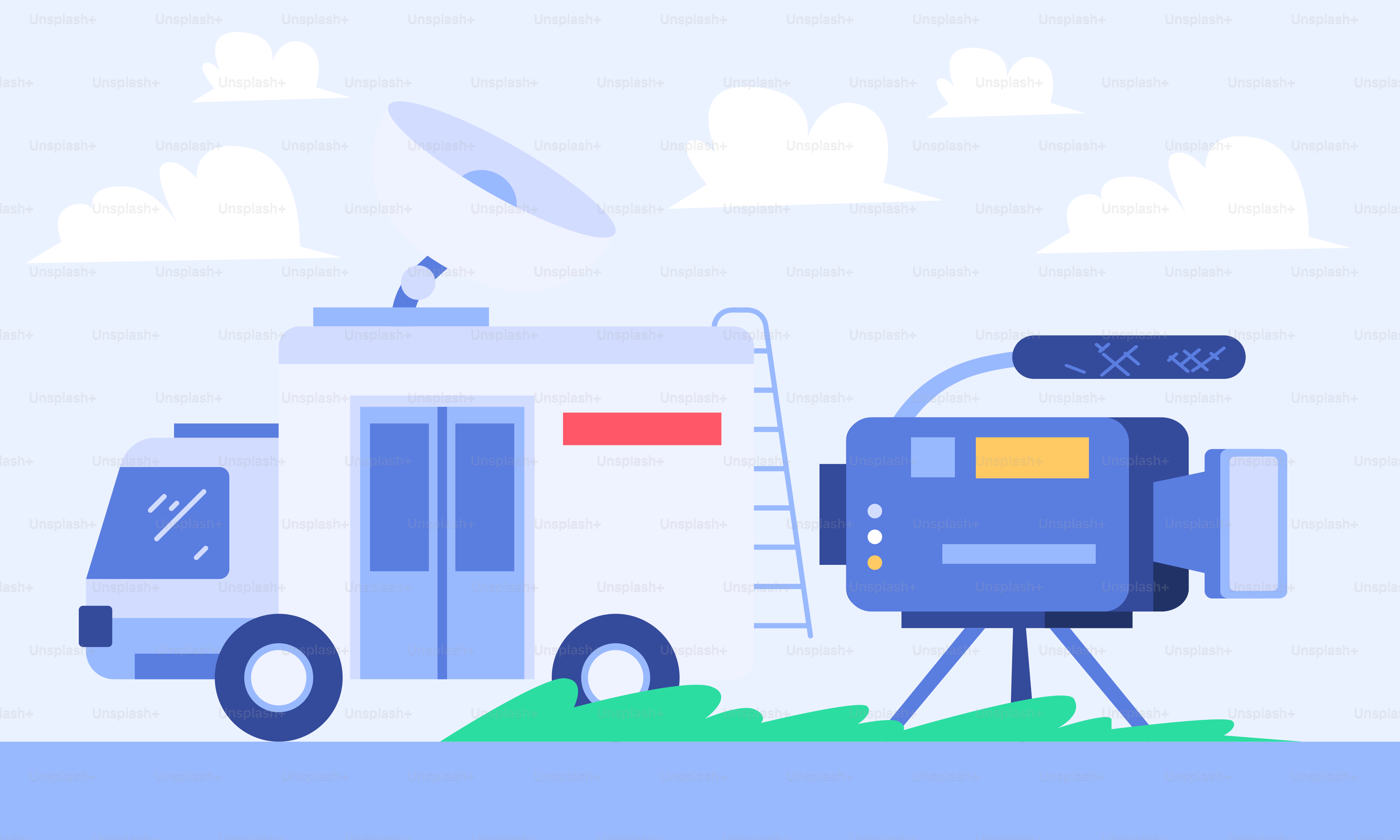 A small camper with a camera on a tripod