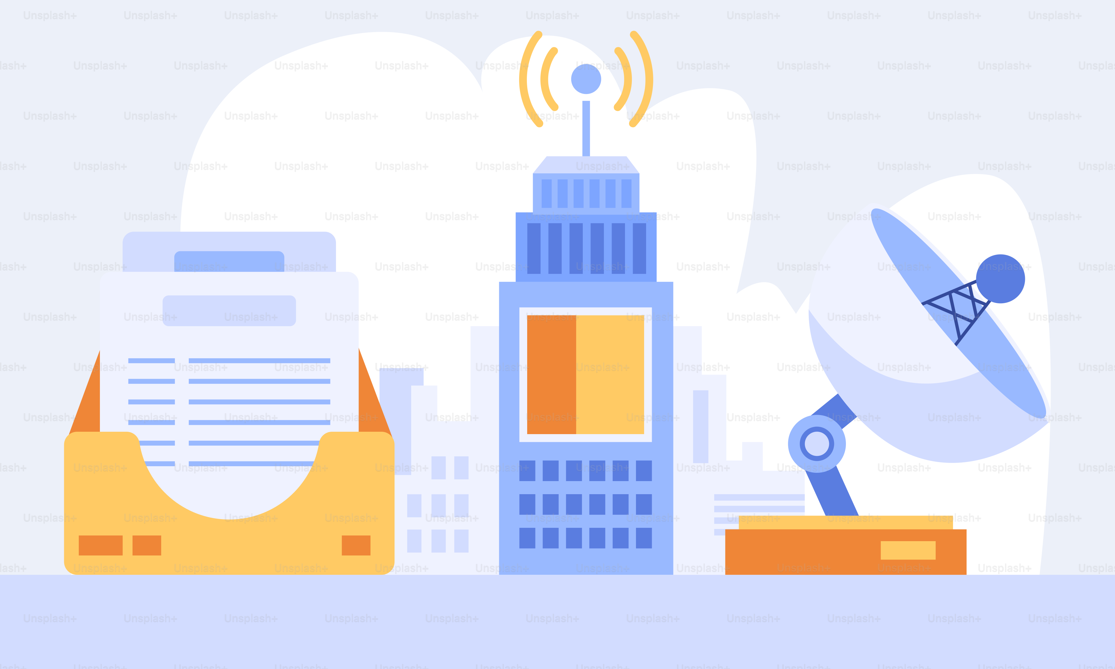 A flat design of a city with buildings and a satellite dish