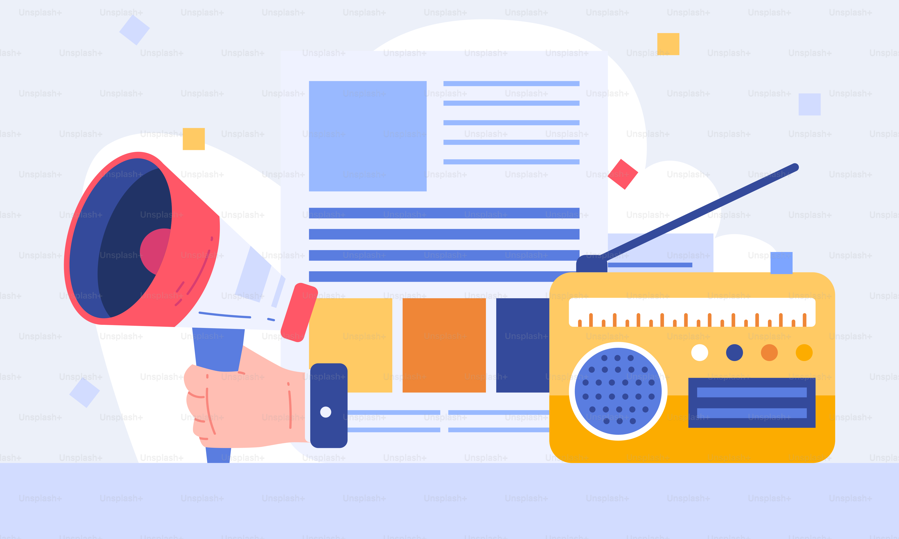 Eine Hand, die ein Radio und einen Lautsprecher hält