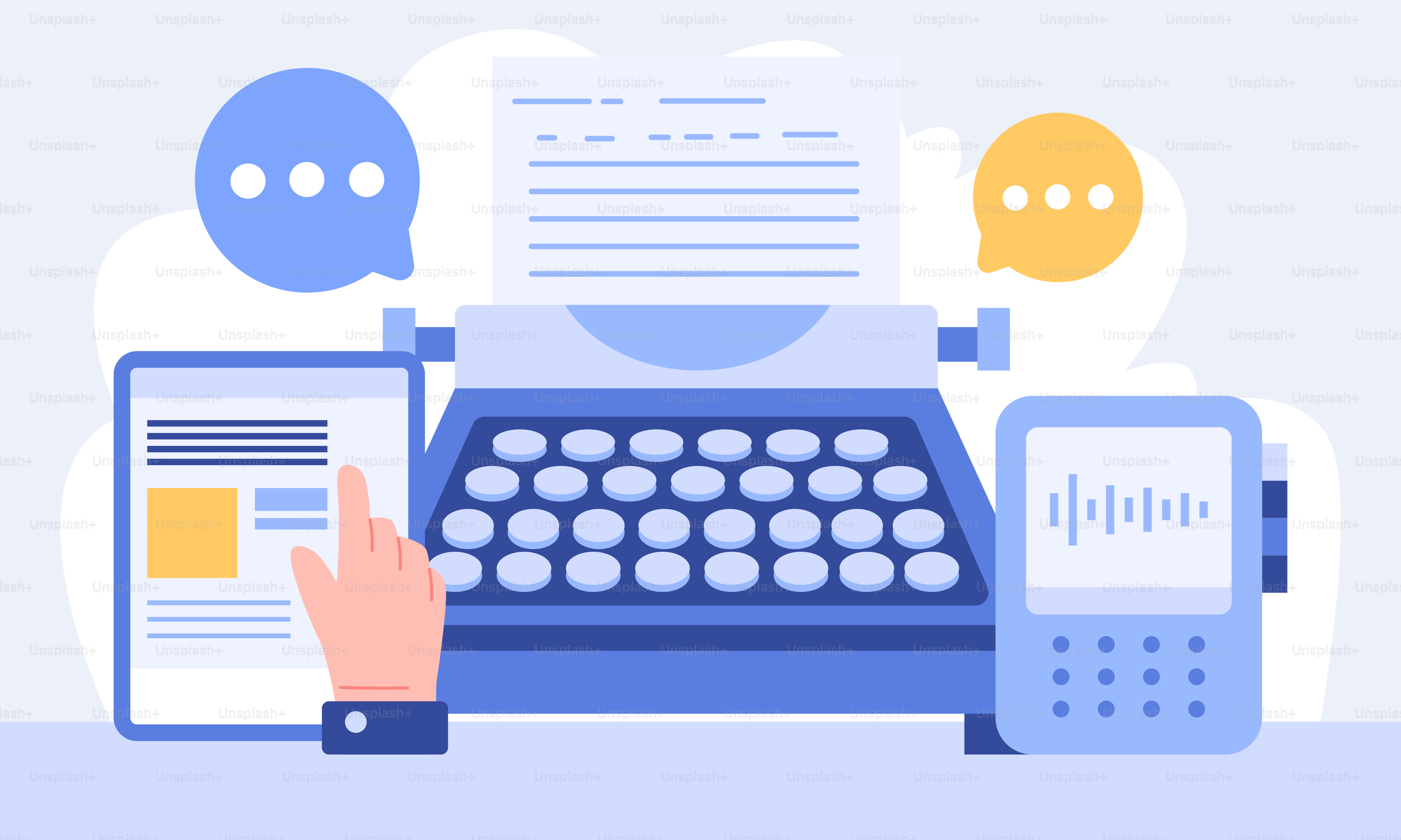 A person typing on a typewriter next to a tablet