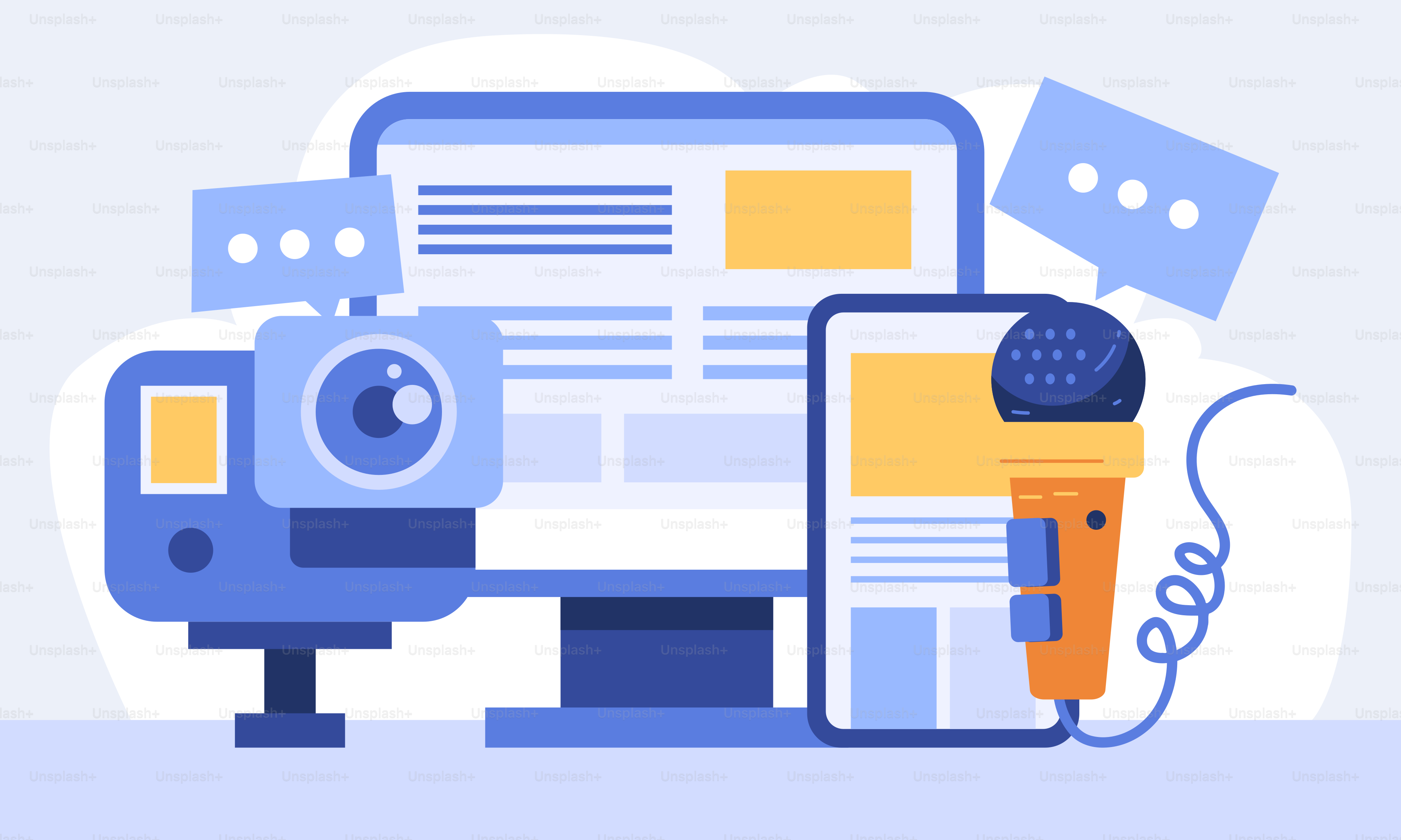 A computer, a camera, and a phone are shown