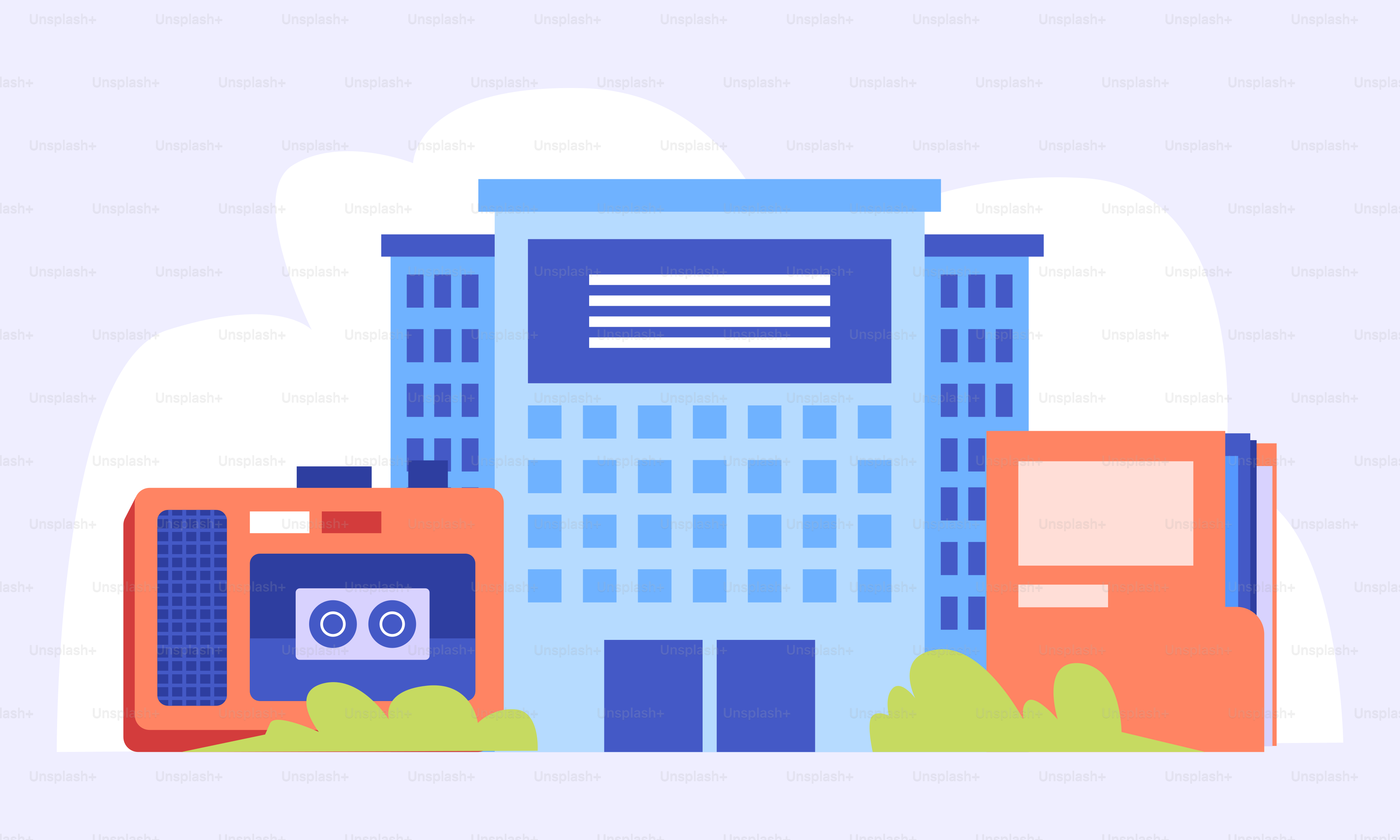 A blue and orange building with trees and clouds in the background