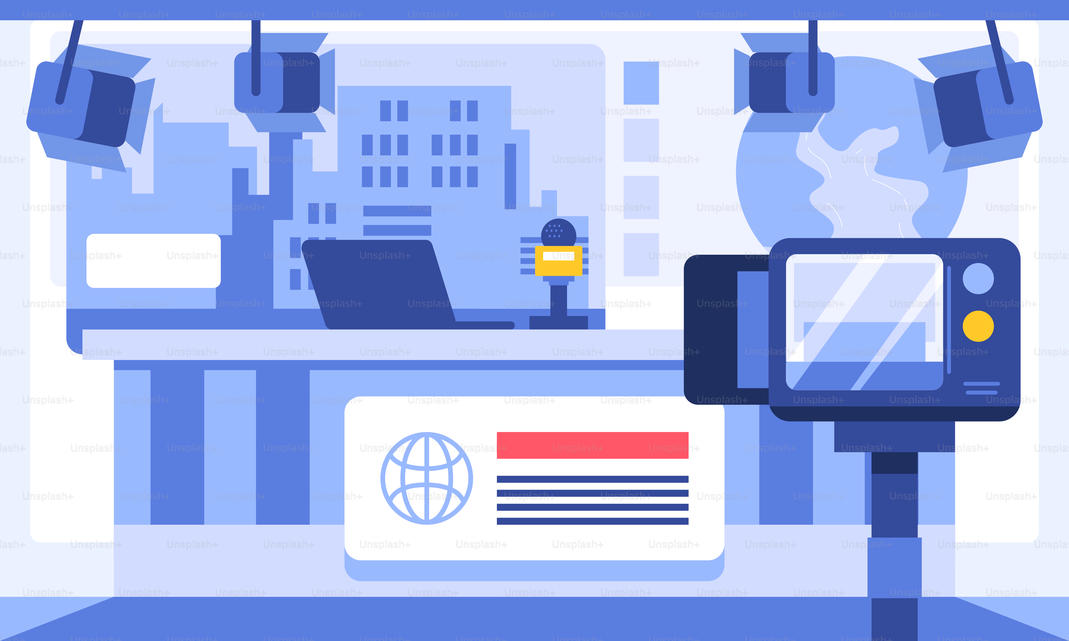 Eine blau-weiße Grafik eines Raumes mit einem Laptop und einem Telefon