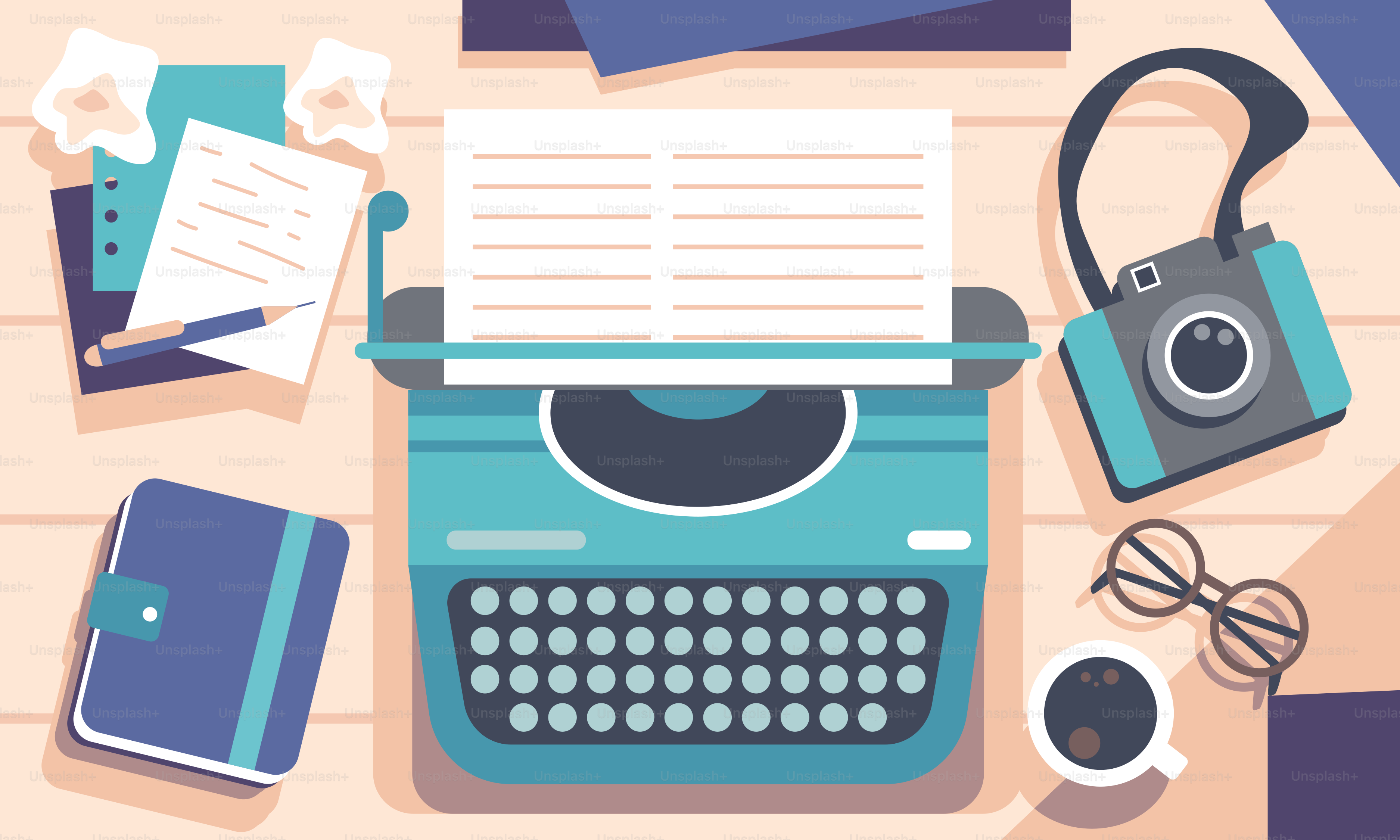 A blue typewriter sitting on top of a wooden table