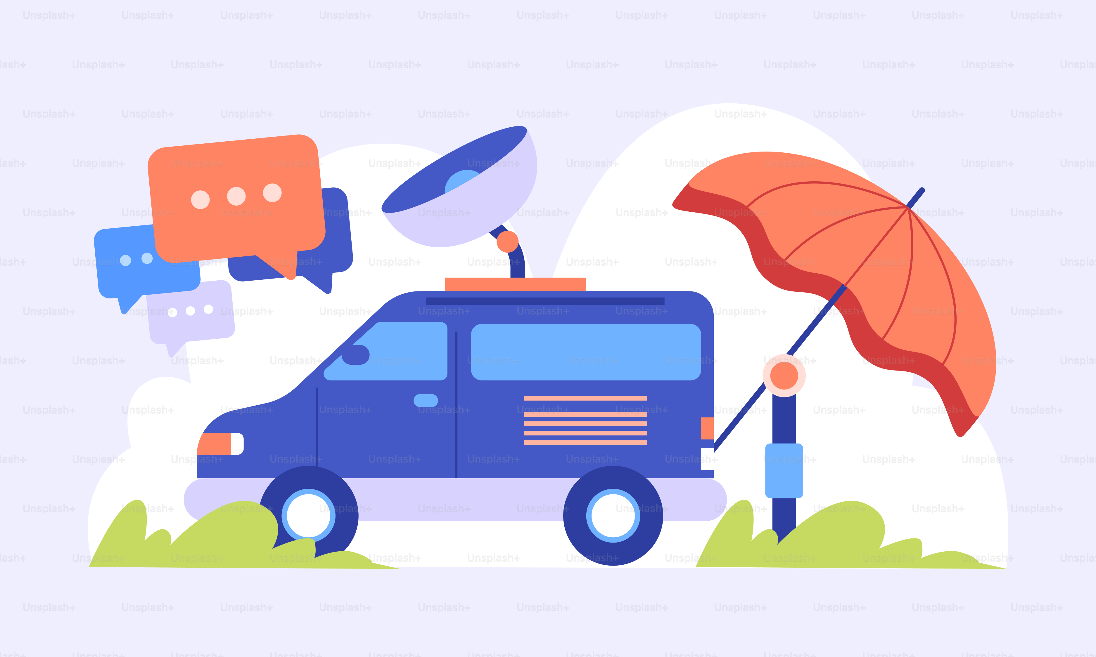 A van with an umbrella and a person holding an umbrella