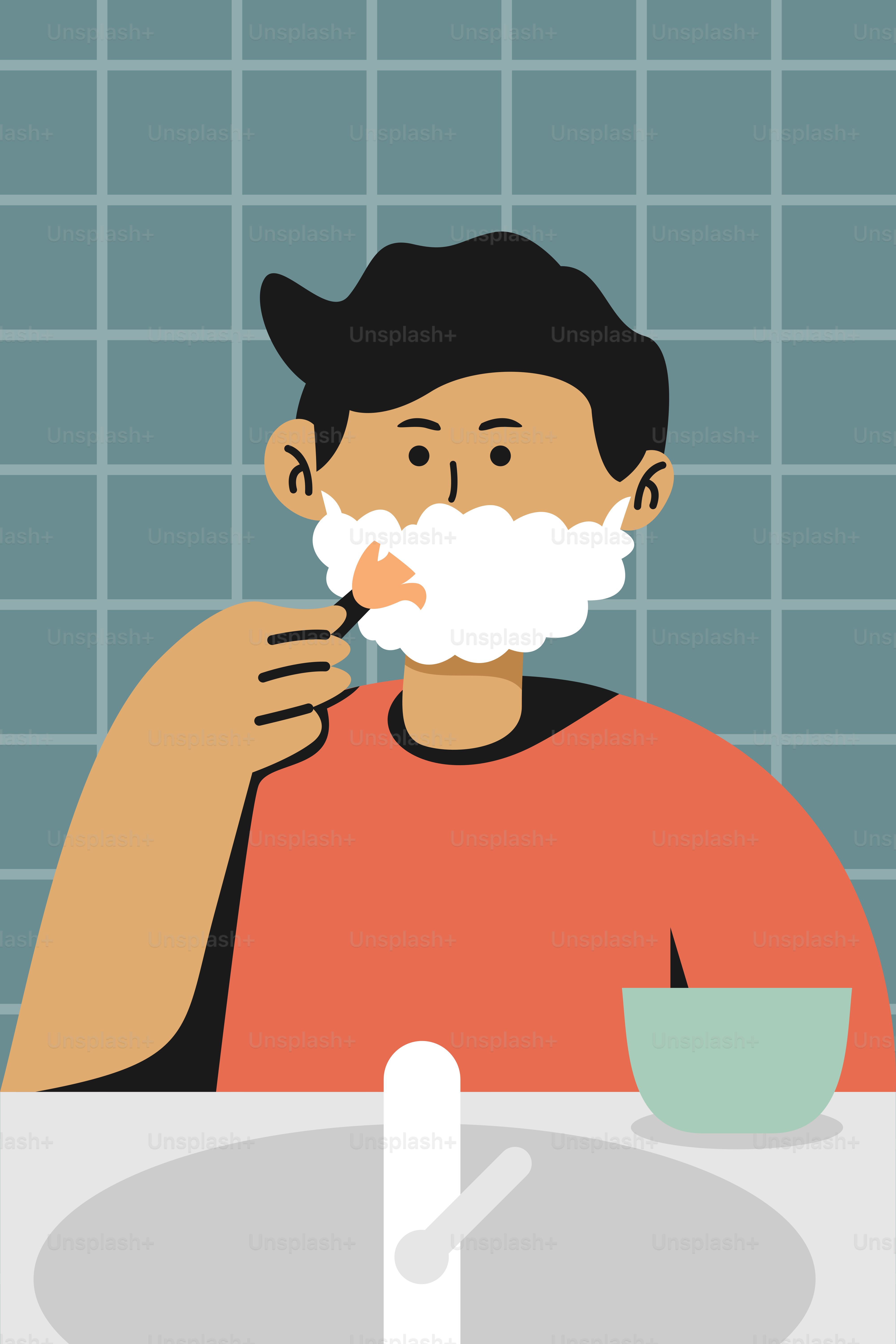A man shaving his beard in front of a bathroom sink