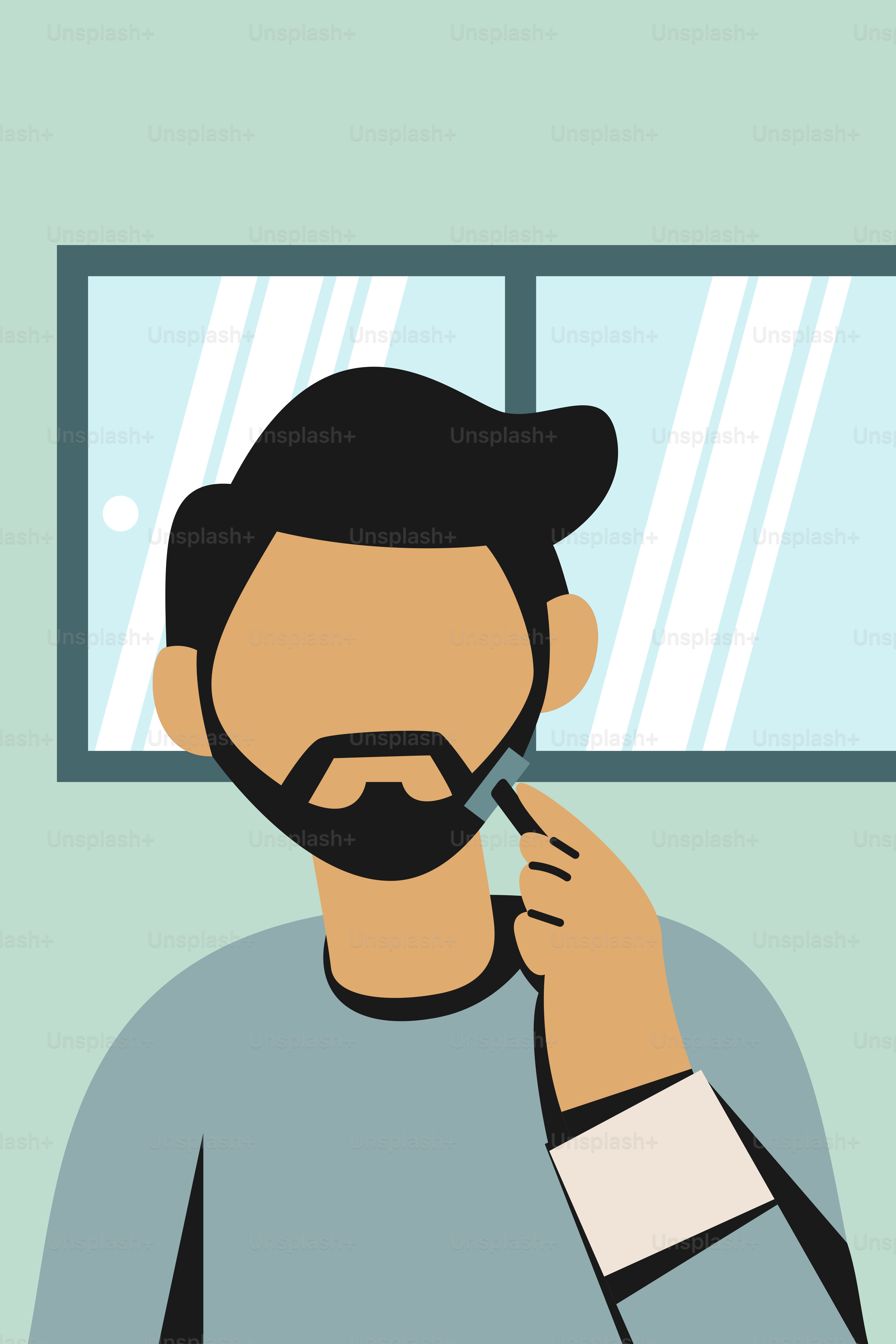 A man brushing his teeth in front of a window