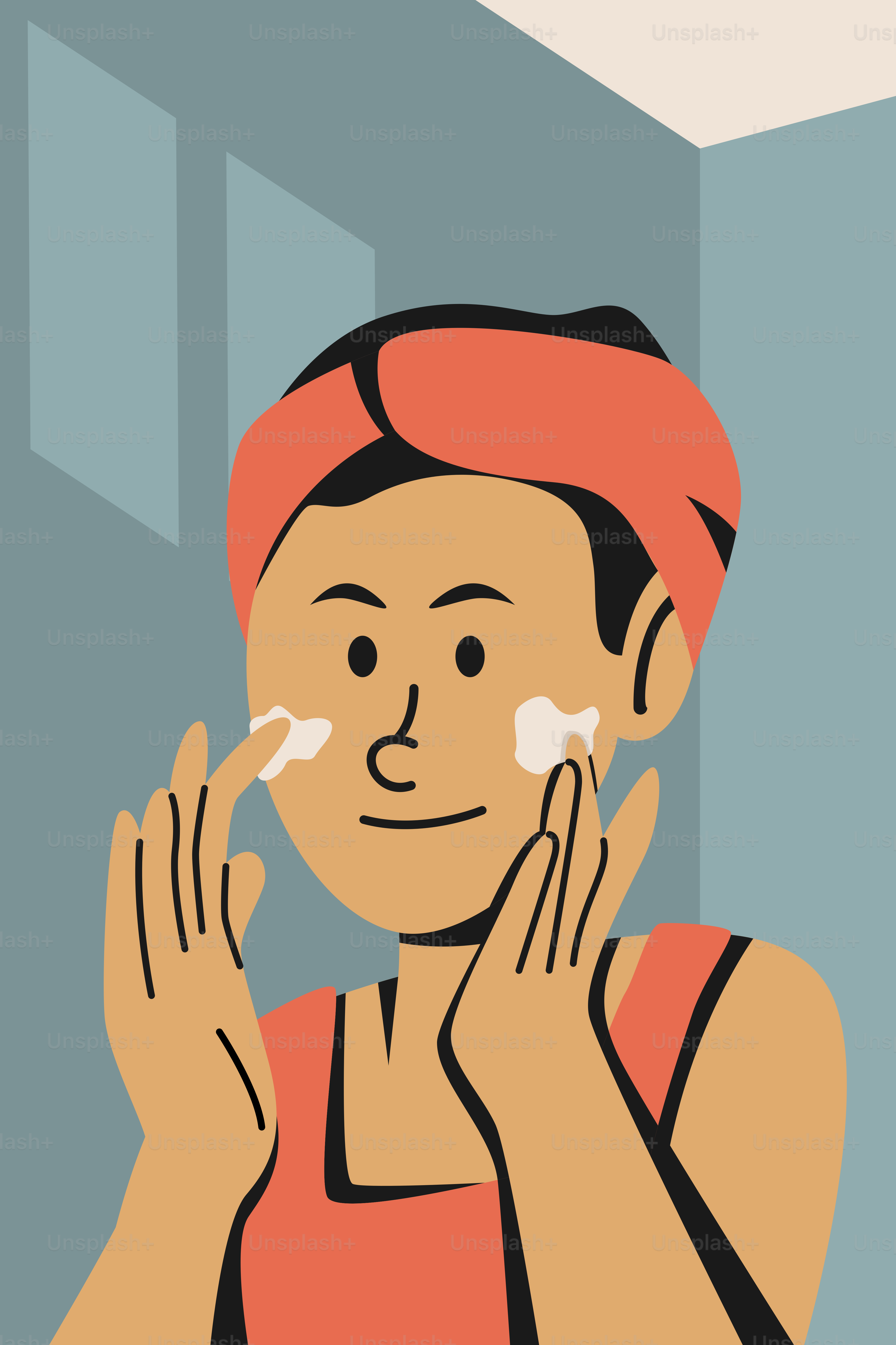 A woman with a towel on her head is shaving her face