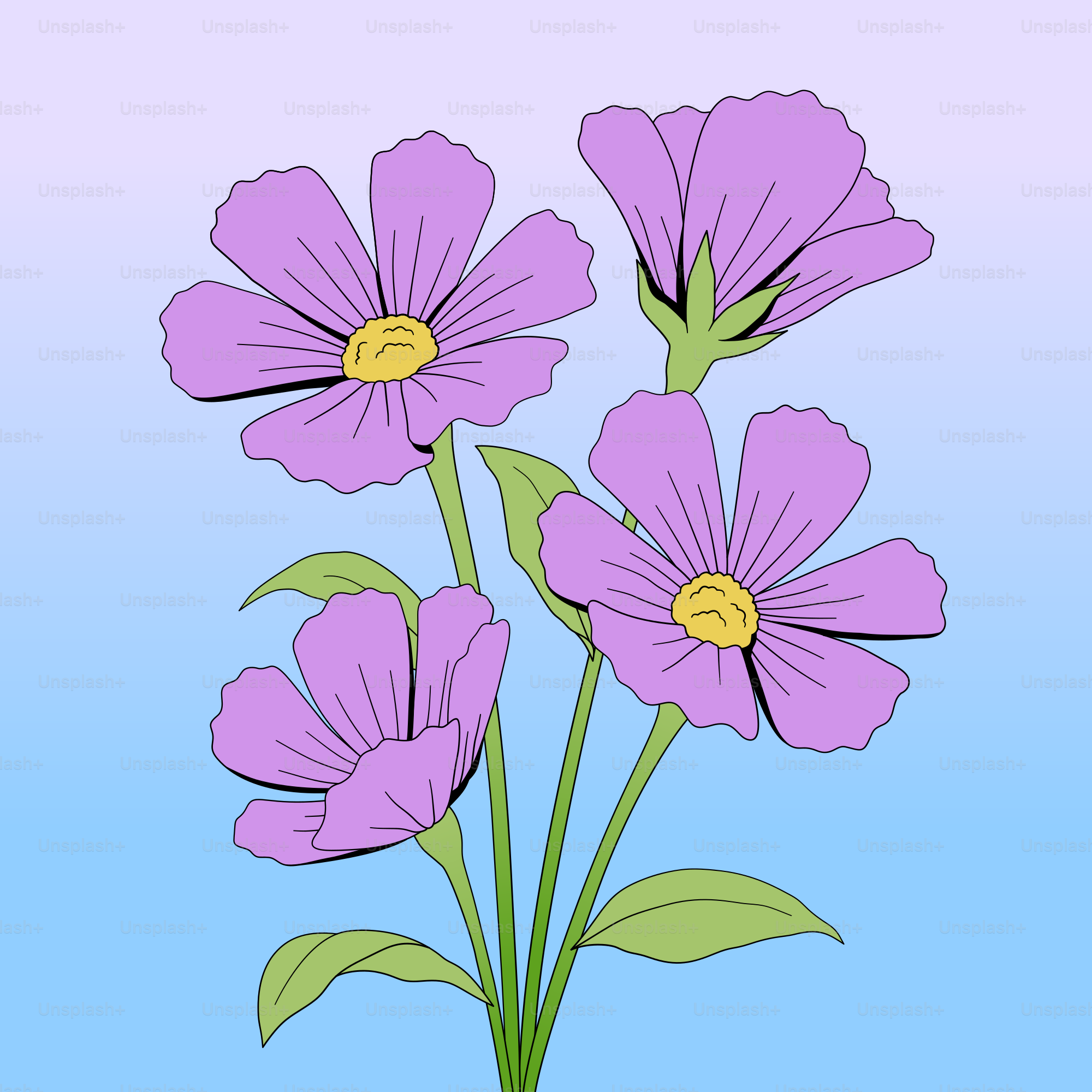 Tres flores moradas con hojas verdes sobre fondo azul