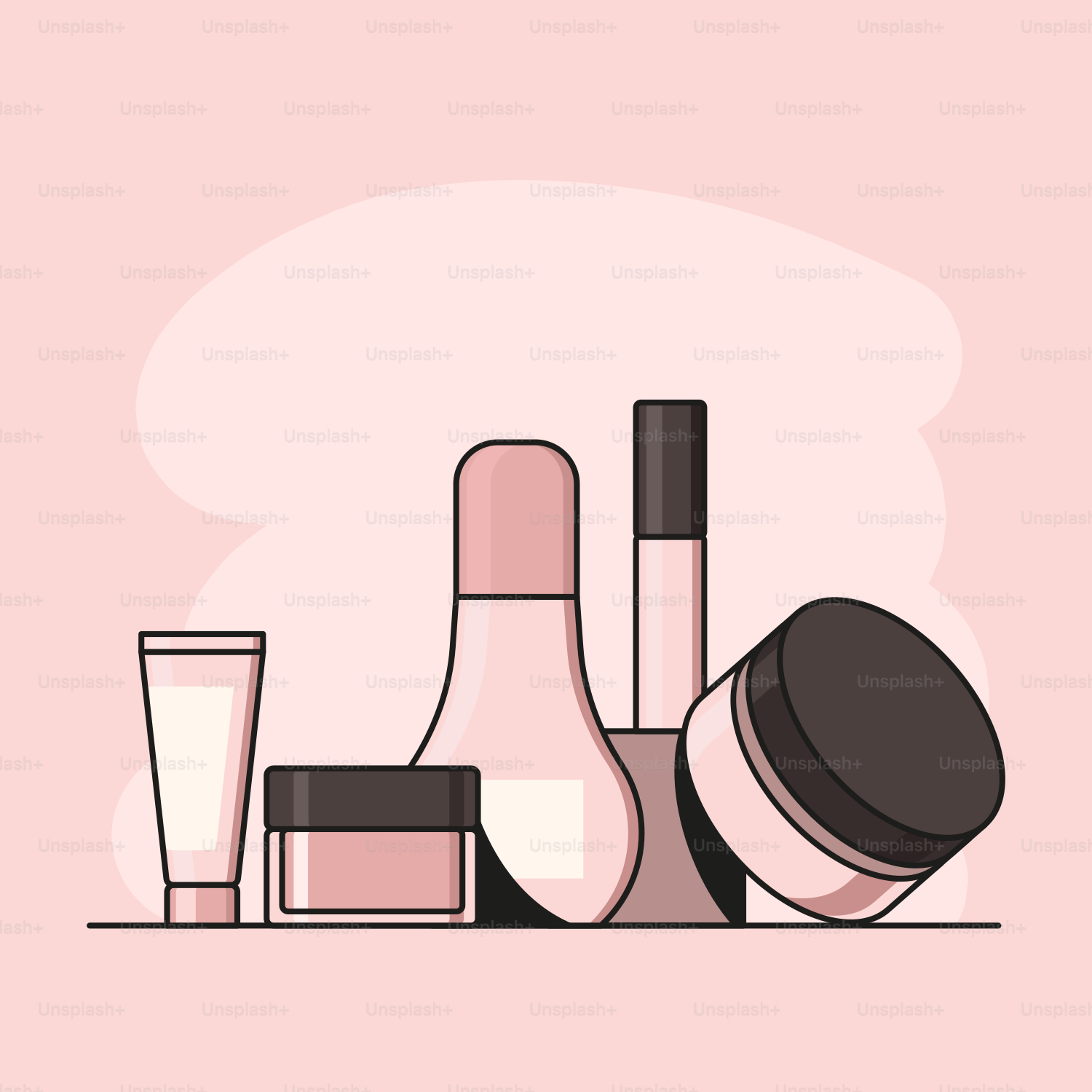 A pink background with bottles and containers