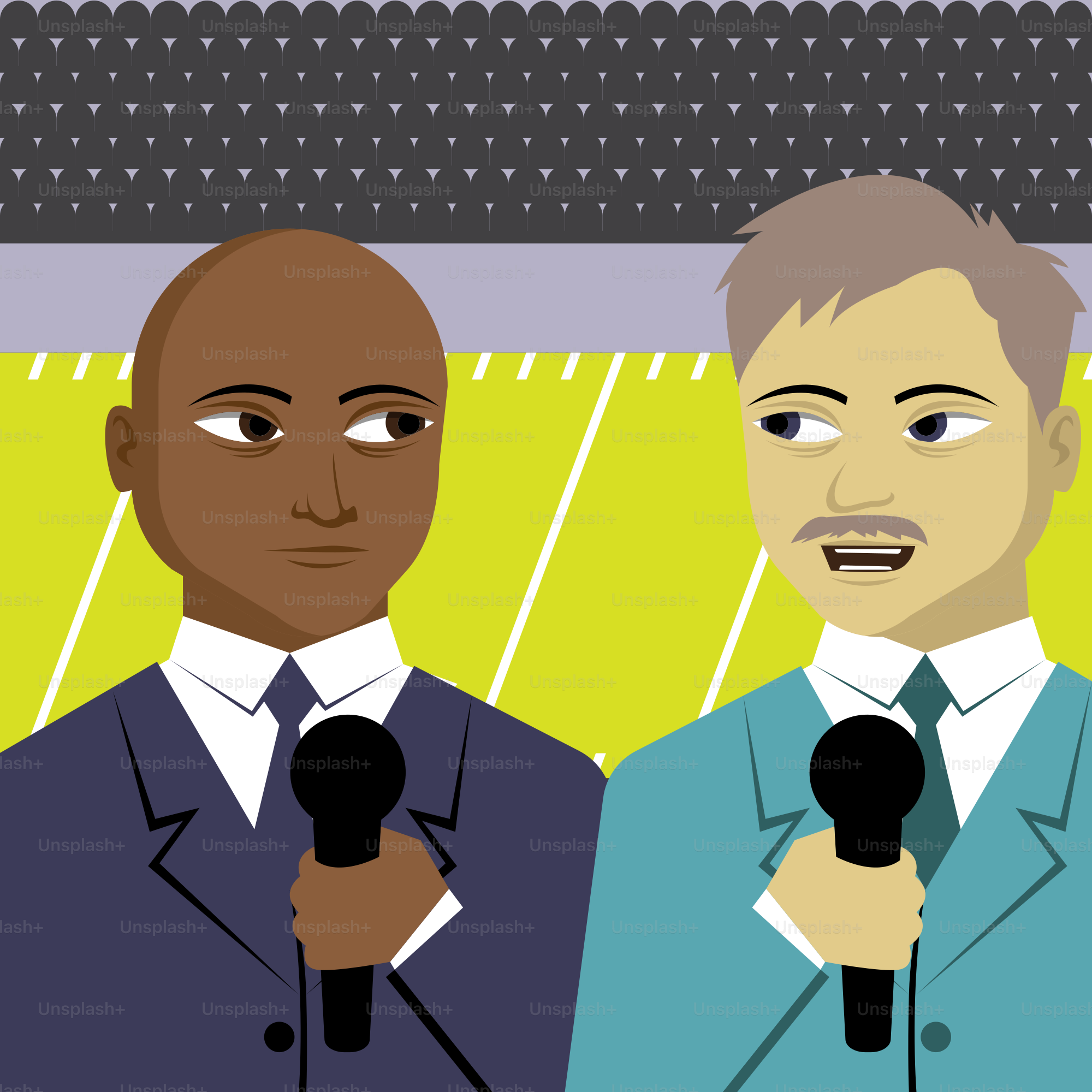 Ein paar Männer, die nebeneinander vor Mikrofonen stehen