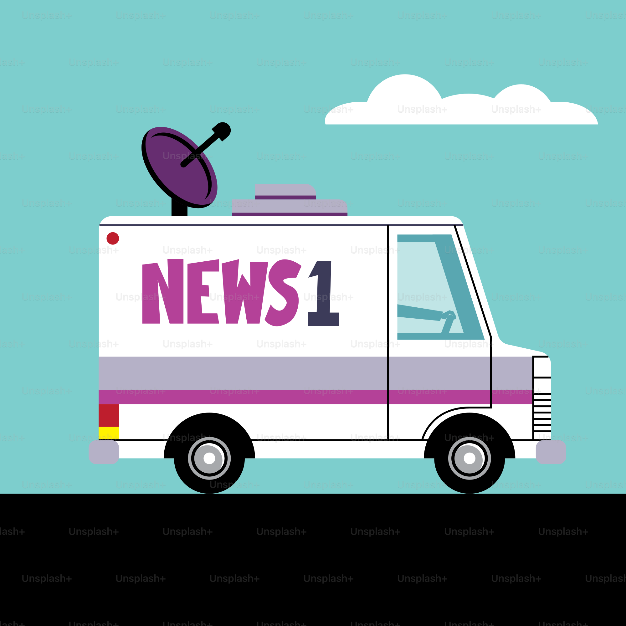 Ein Nachrichtenwagen mit einem Regenschirm darauf