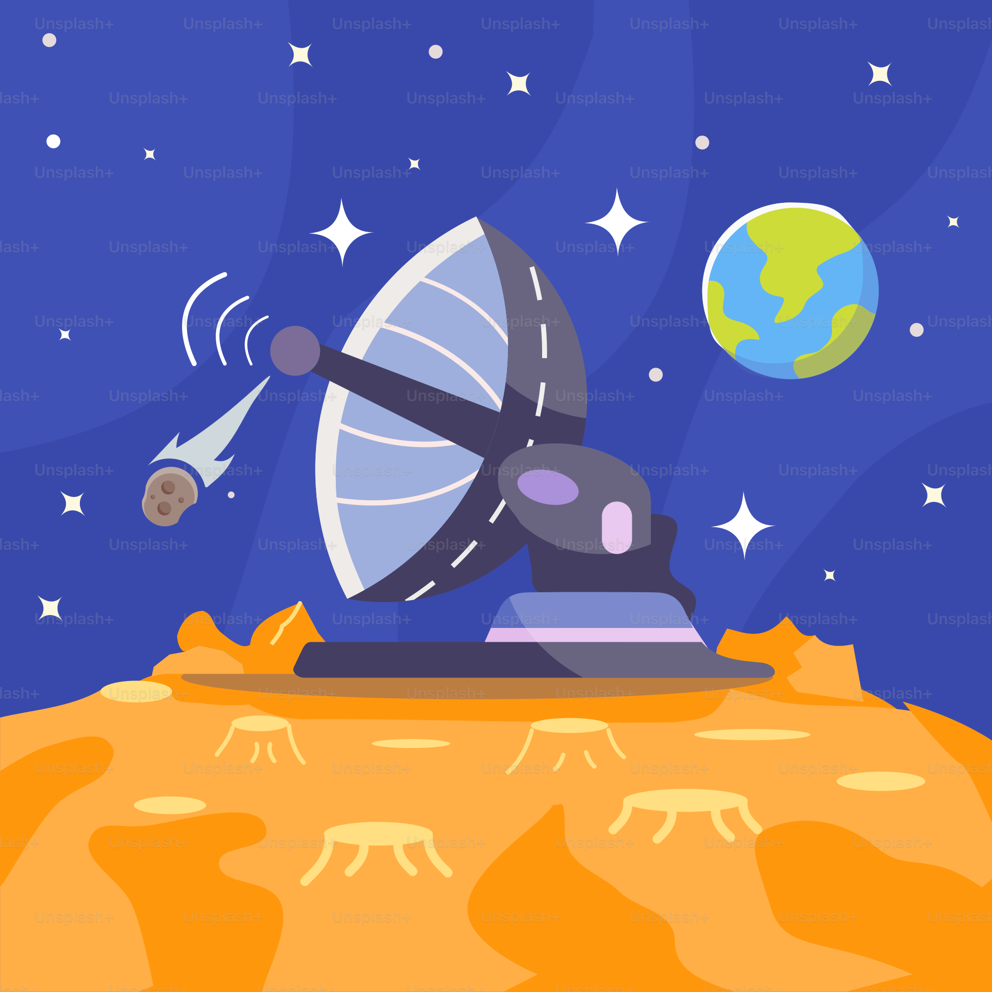 A cartoon of a satellite dish on top of a planet