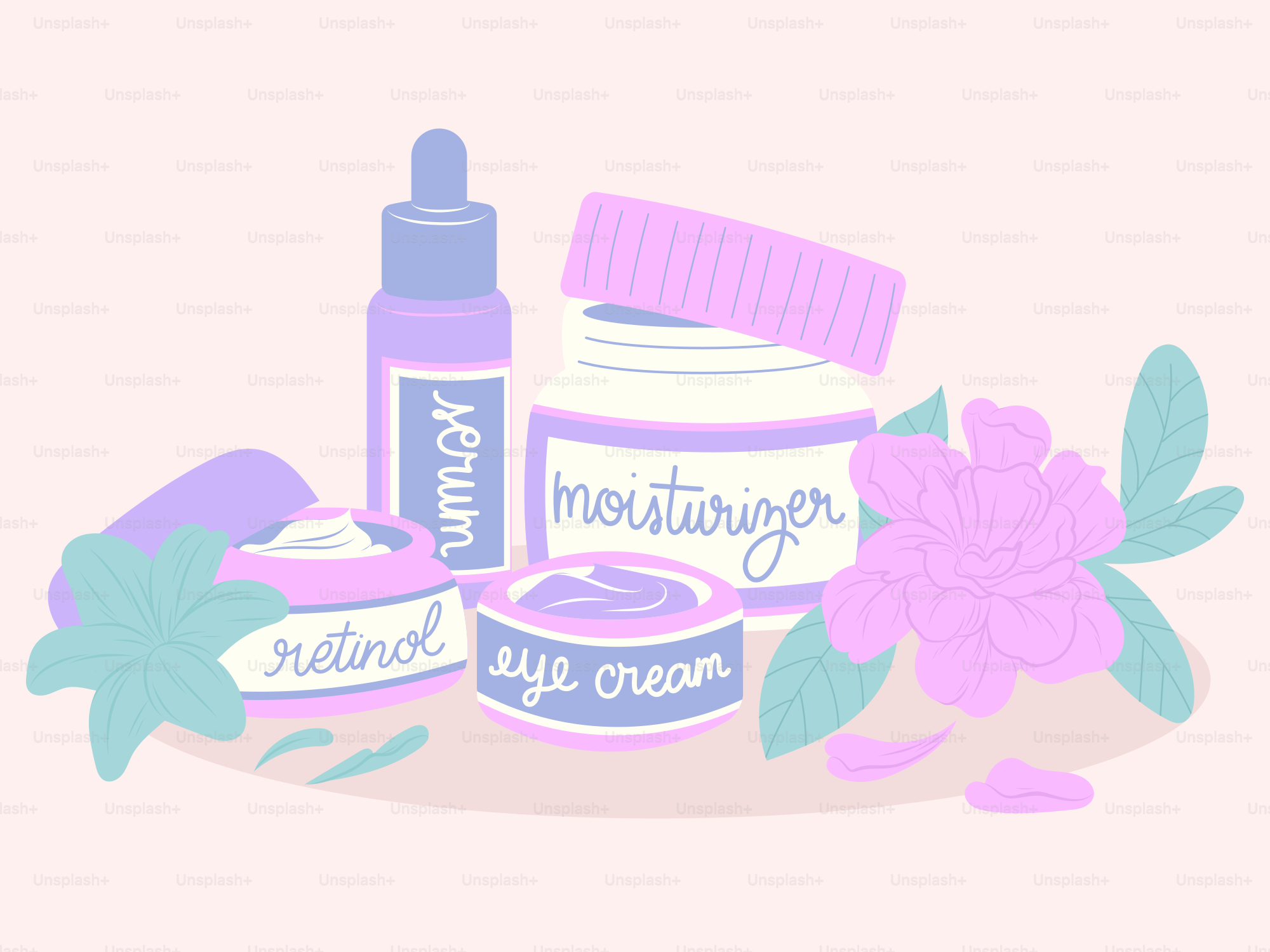 An illustration of a jar of cream, a bottle of cream and a bottle of