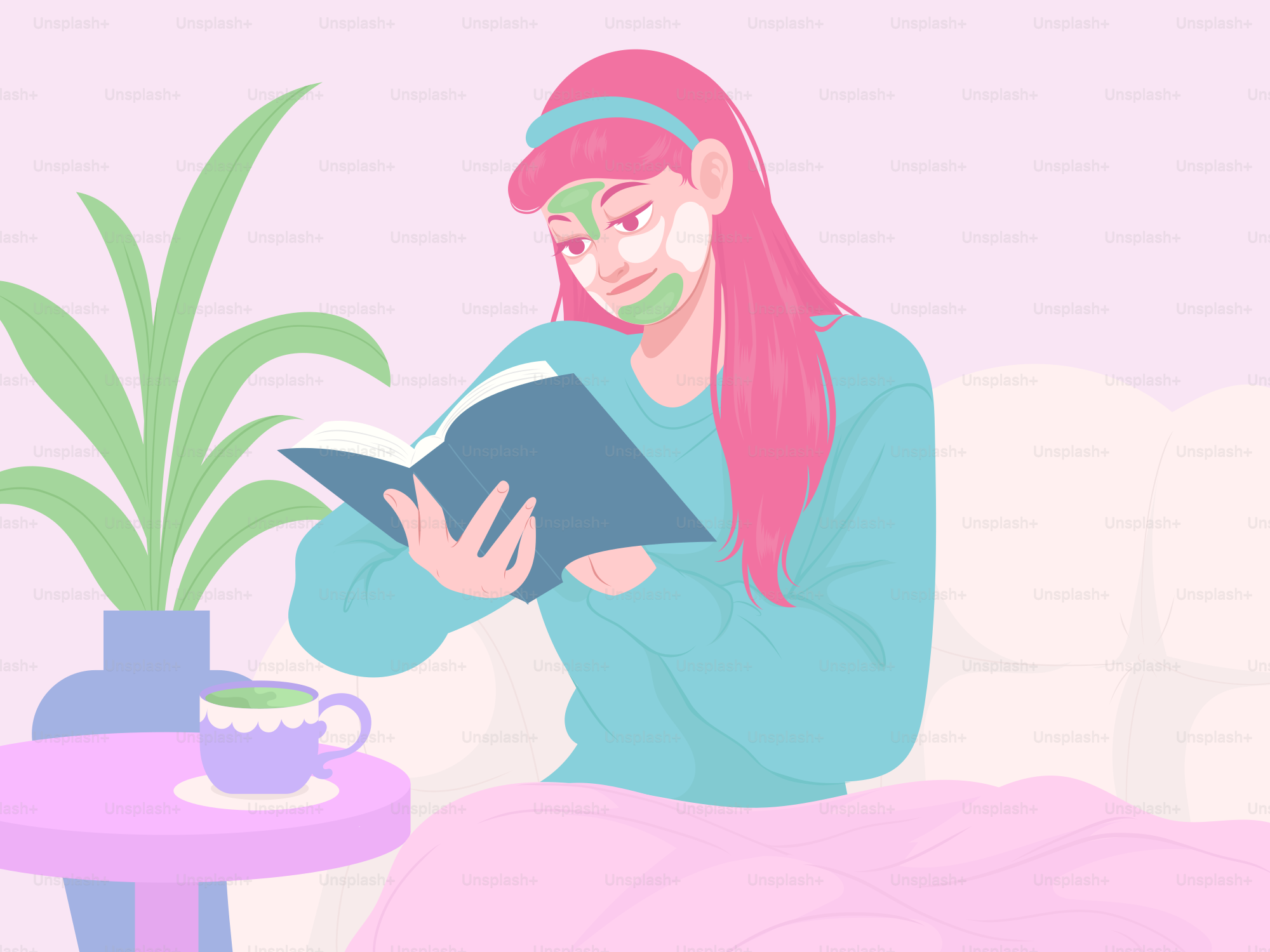 Seorang wanita duduk di sofa membaca buku