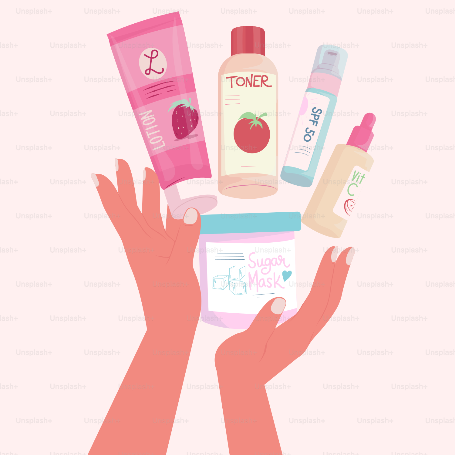 A woman's hands holding a variety of skin care products