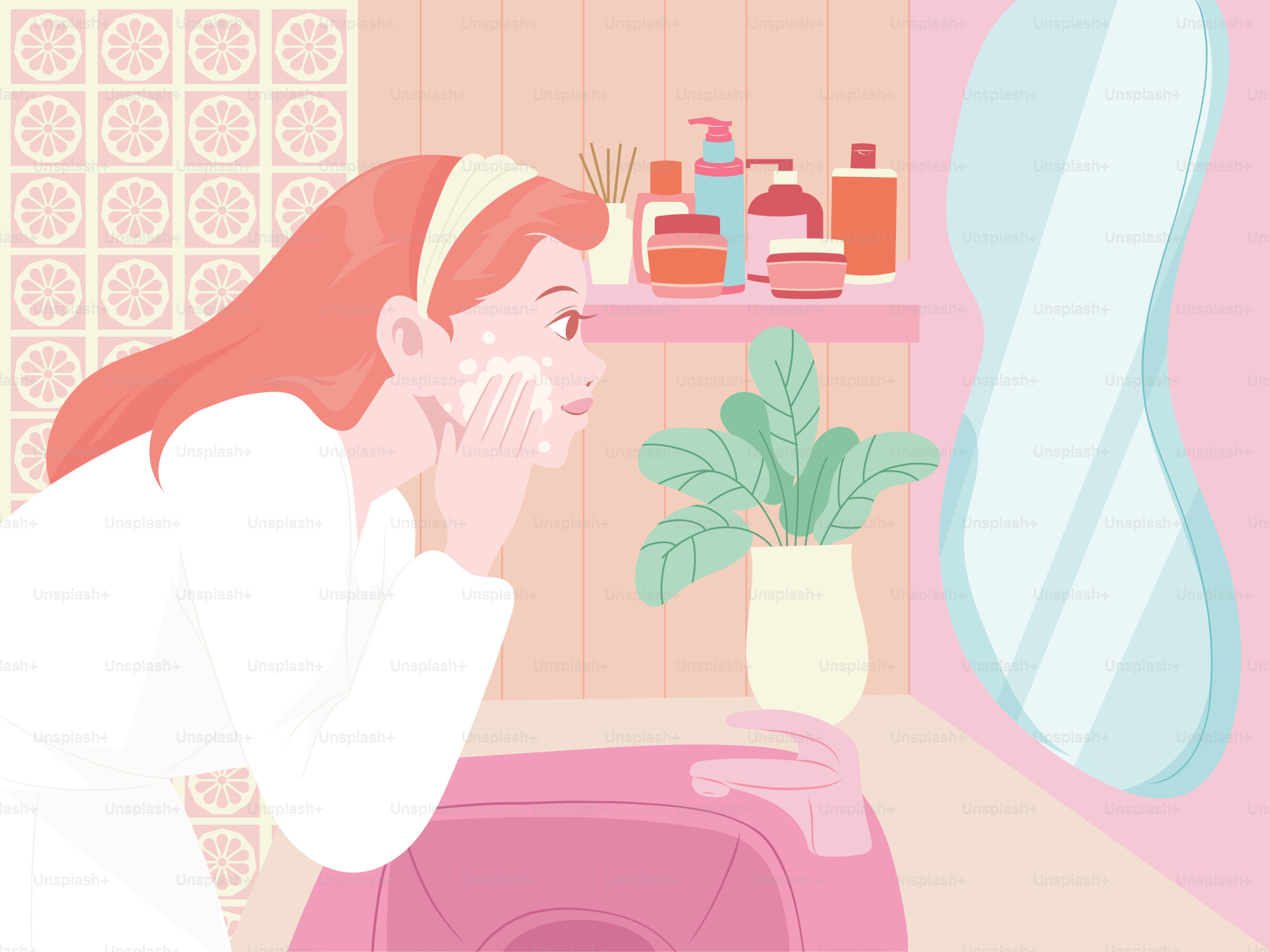 A woman is cleaning her face in the bathroom