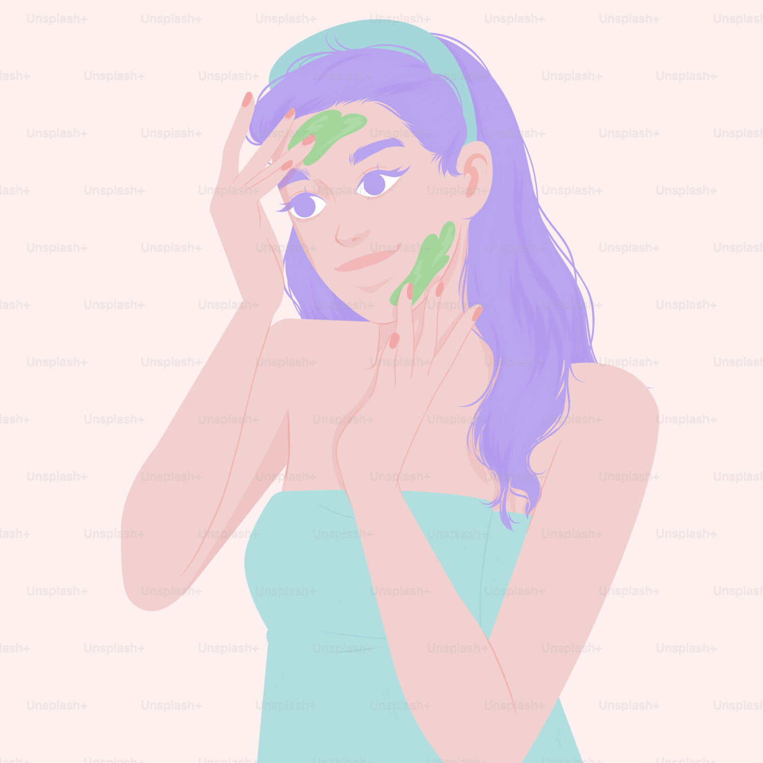 A woman in a blue dress holding her hand to her face