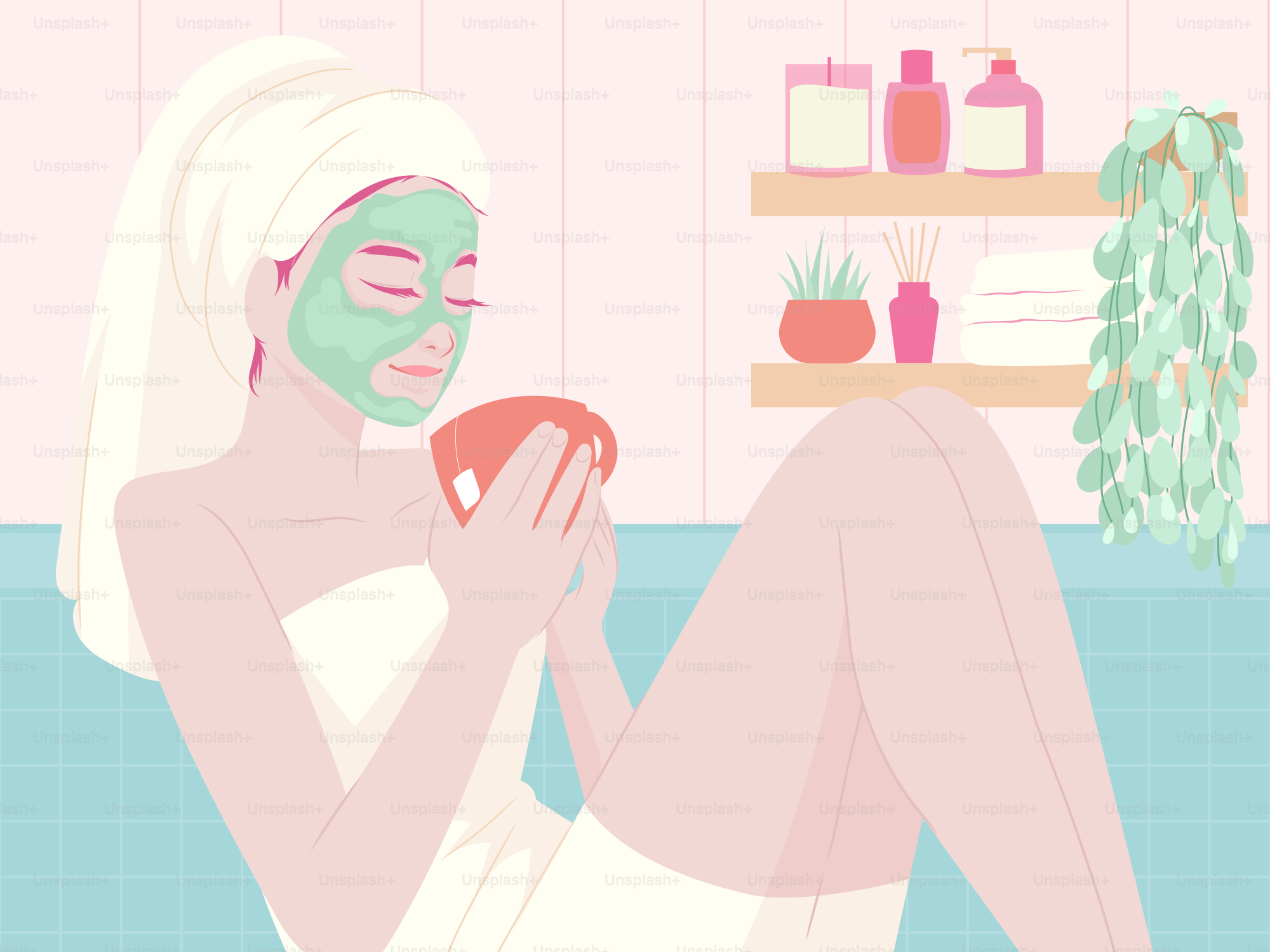 A woman with a towel on her head and a face mask on